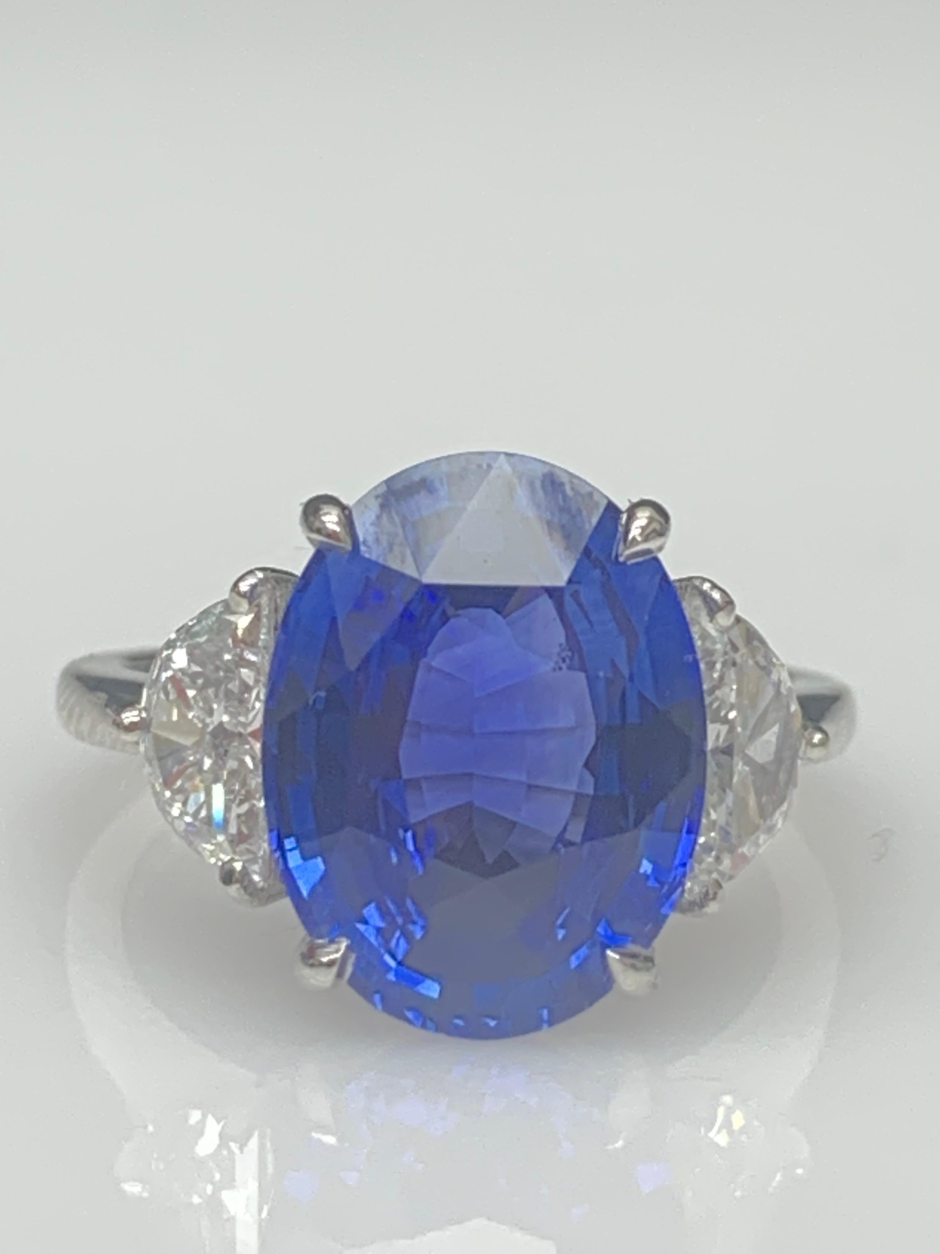 Modern 5.96 Carat Oval Blue Sapphire Diamond Three-Stone Engagement Ring in Platinum For Sale