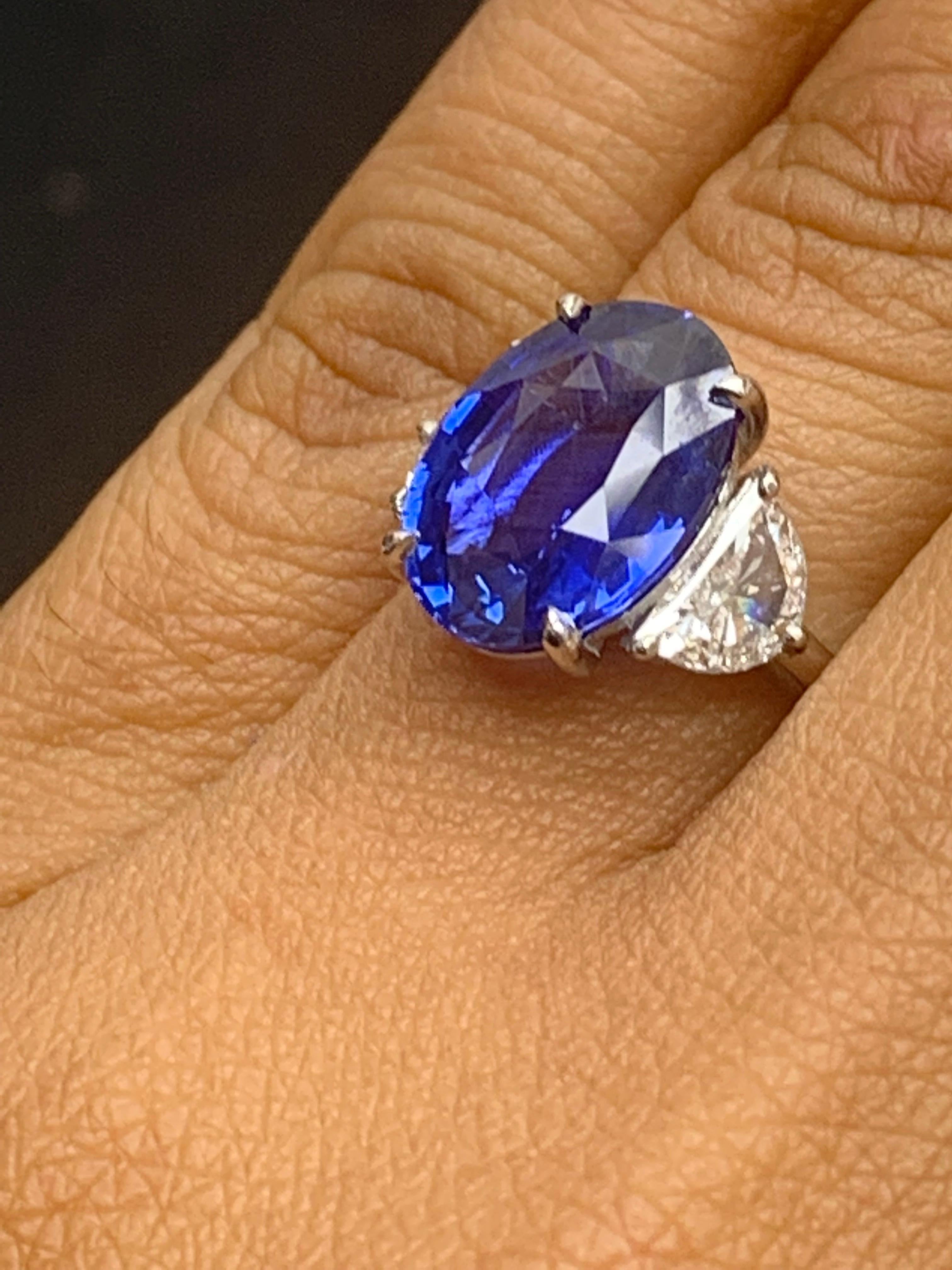 5.96 Carat Oval Blue Sapphire Diamond Three-Stone Engagement Ring in Platinum For Sale 2