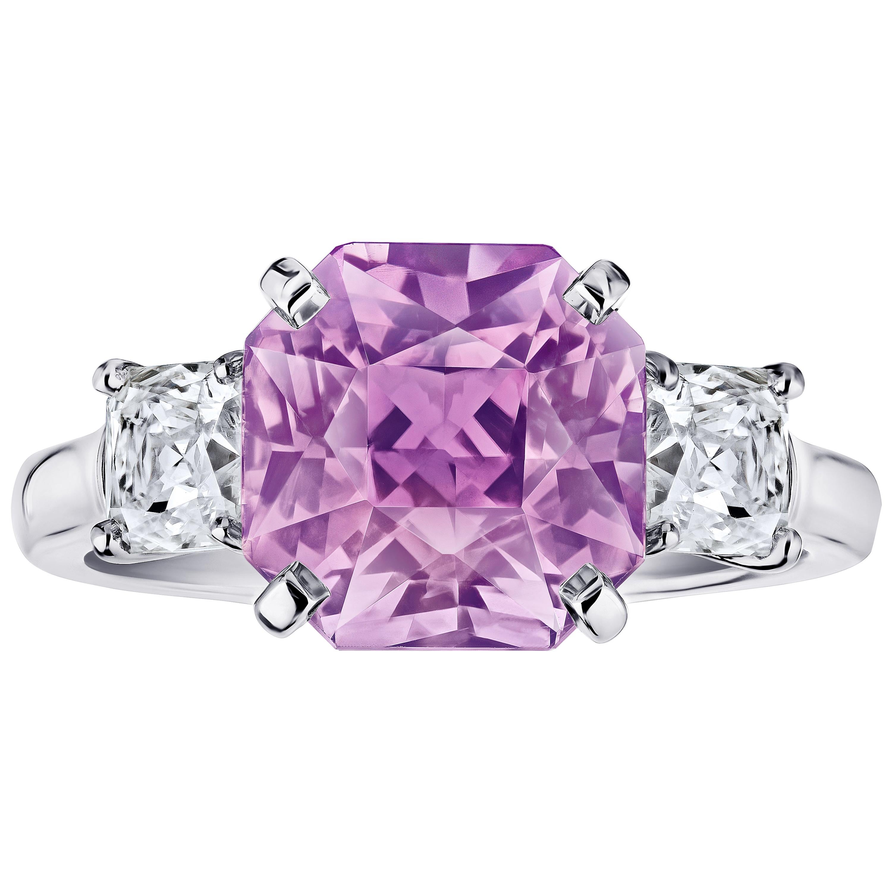 5.96 Carat Radiant Cut Pink Sapphire and Diamond Ring For Sale