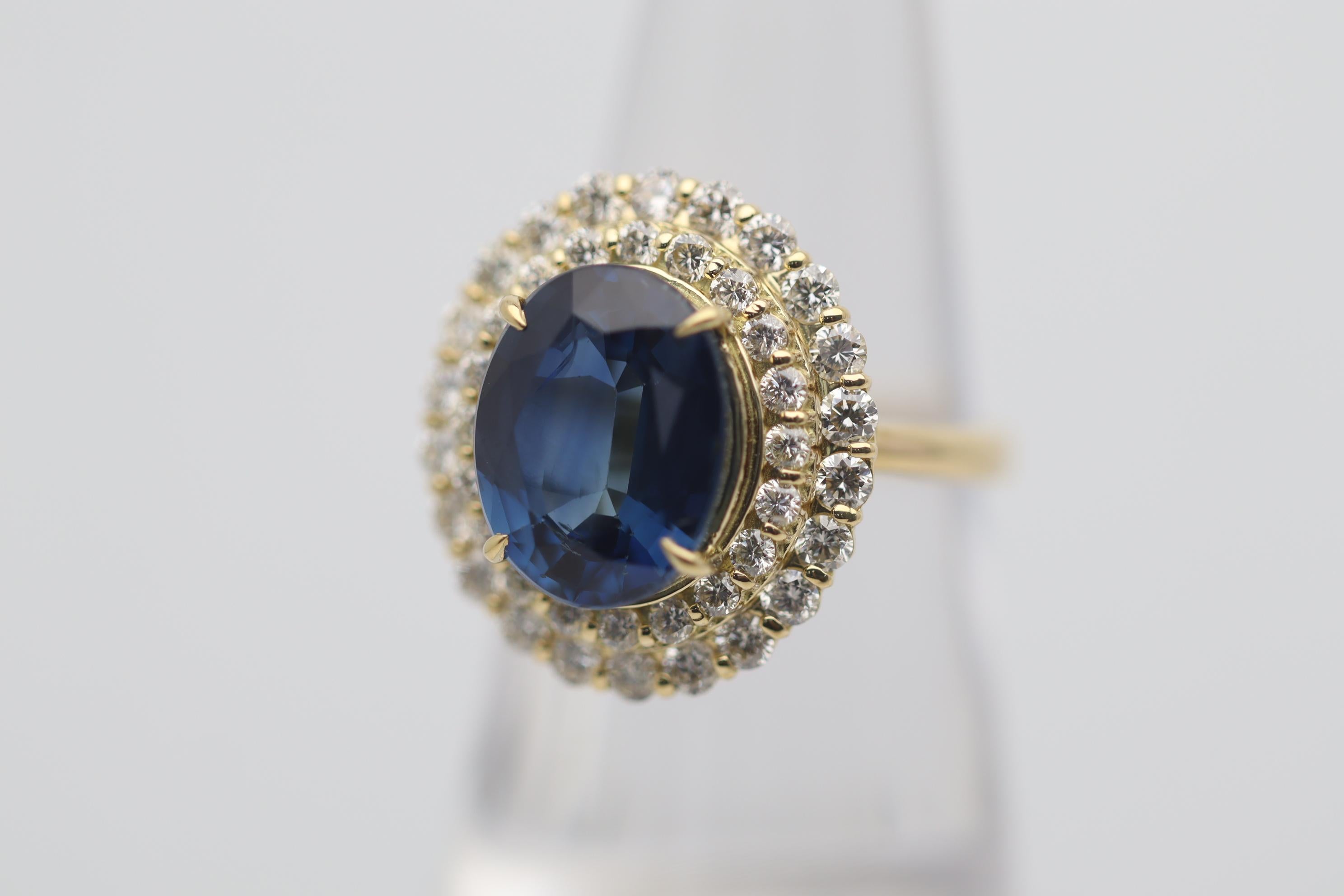 Oval Cut 5.96 Carat Sapphire Diamond Double-Halo Gold Ring For Sale