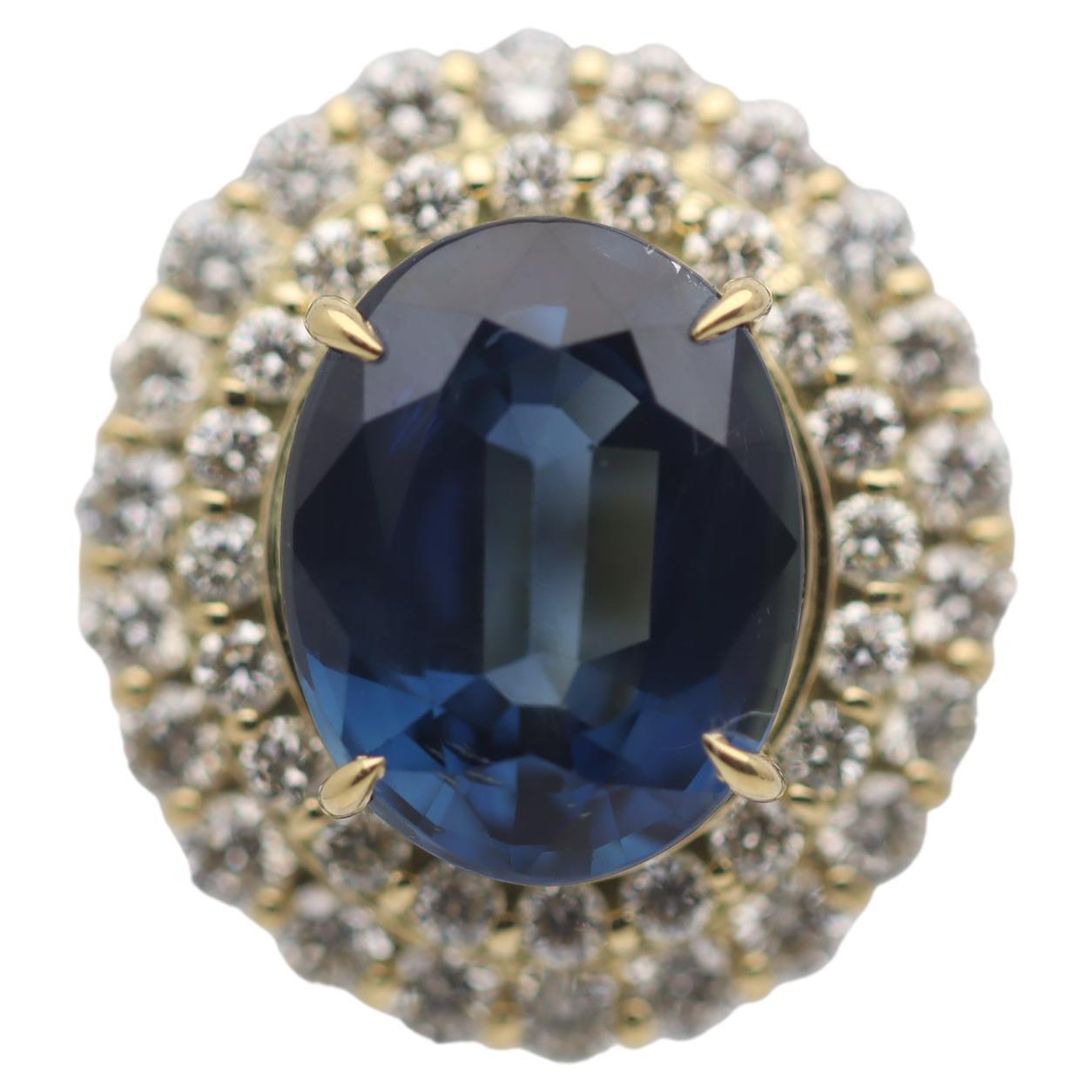 5.96 Carat Sapphire Diamond Double-Halo Gold Ring For Sale