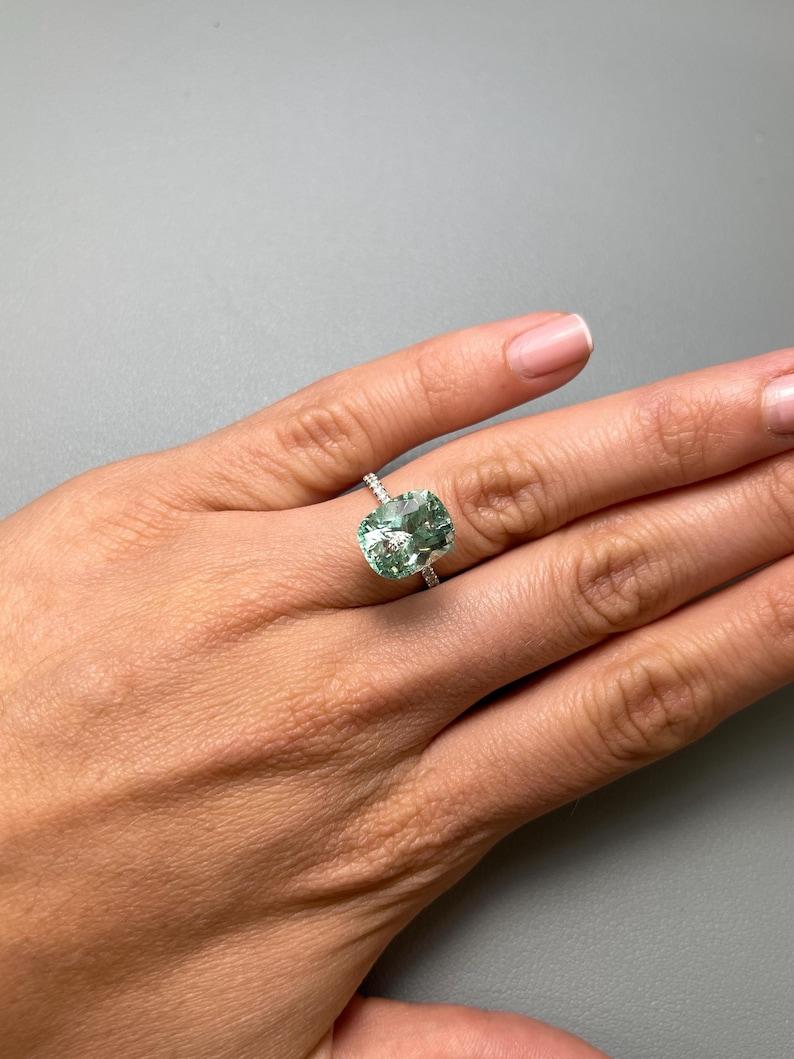 5.96 Carat Seafoam Green Colombian Emerald - Elongated Cushion Cut May Birthston For Sale 3