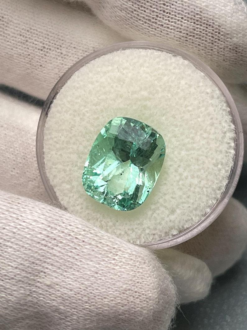 5.96 Carat Seafoam Green Colombian Emerald - Elongated Cushion Cut May Birthston For Sale 1