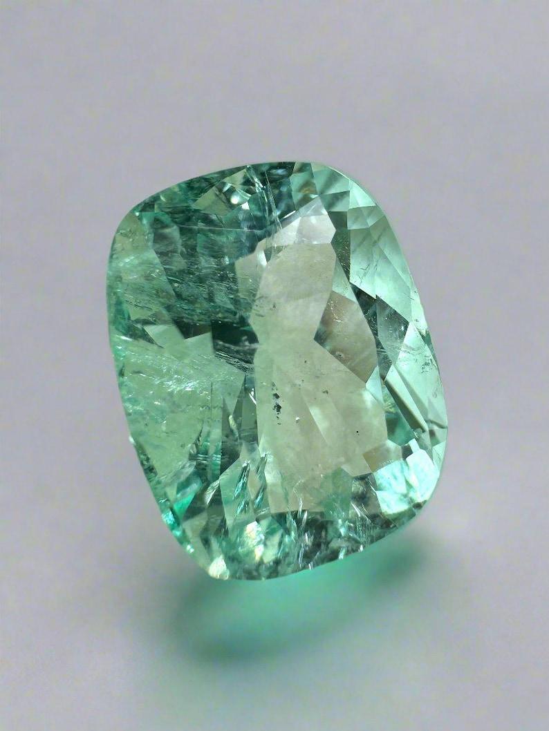 Modern 5.96 Carat Seafoam Green Colombian Emerald - Elongated Cushion Cut May Birthston For Sale