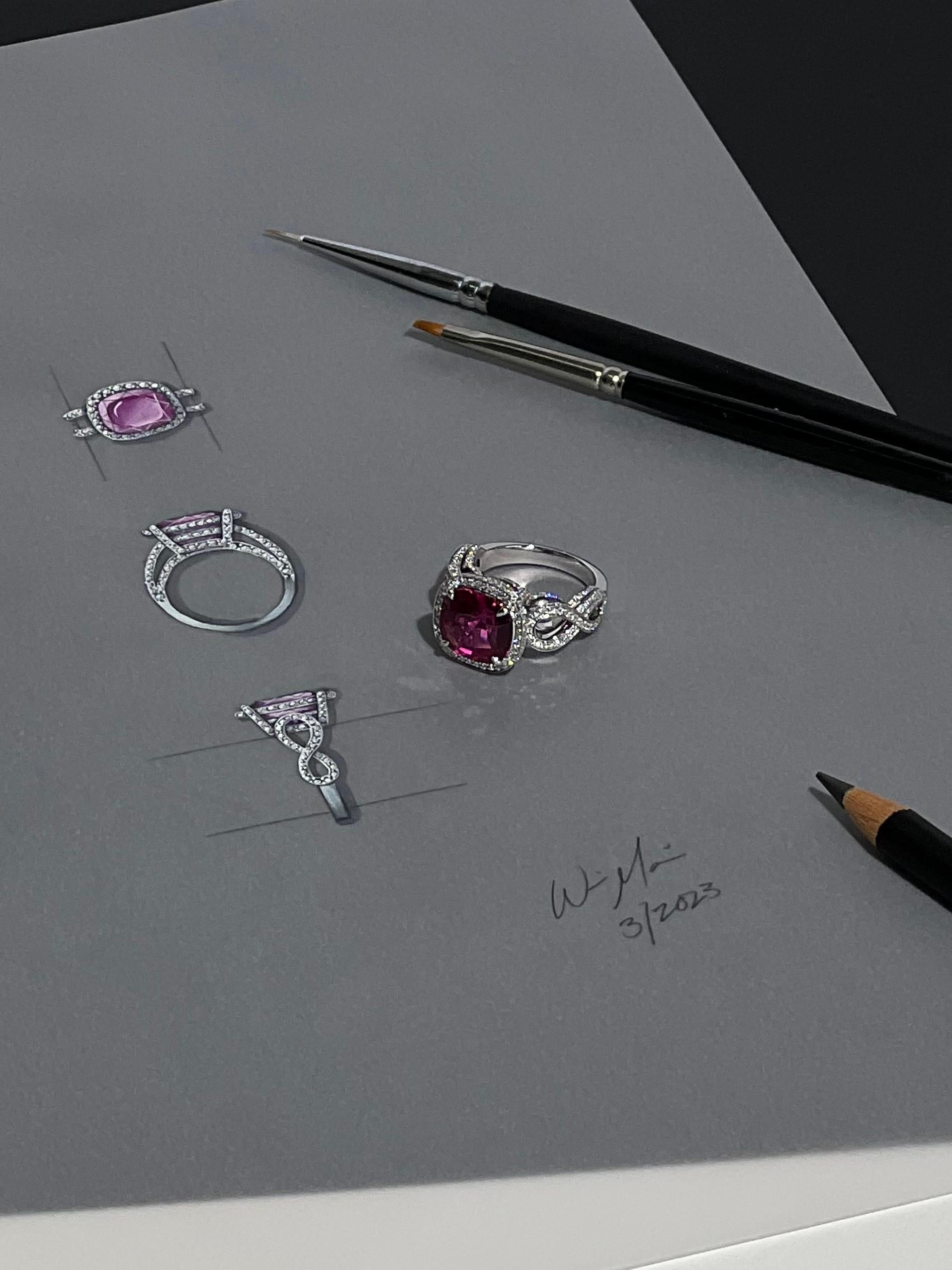 Cushion Cut 5.96 Carat Vibrant Magenta Rubellite Diamond Cocktail Ring in 18k White Gold  For Sale