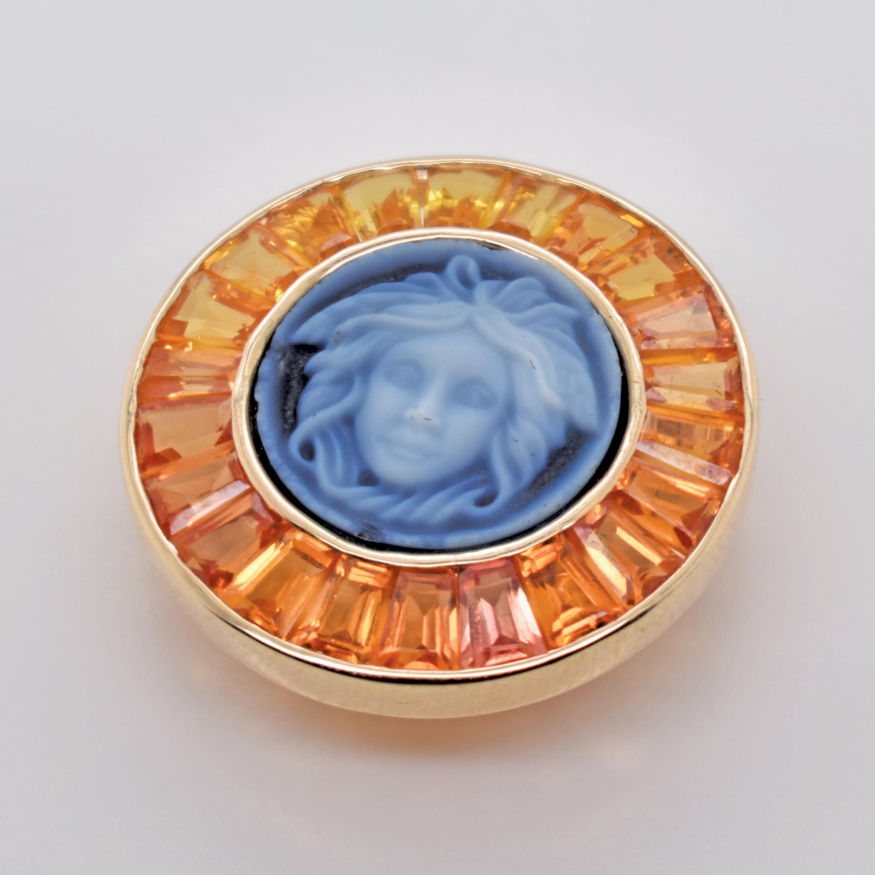 5.96 Carat Yellow Sapphire Baguette Cut Medusa Versace Cameo Shirt Gold Brooch For Sale 5