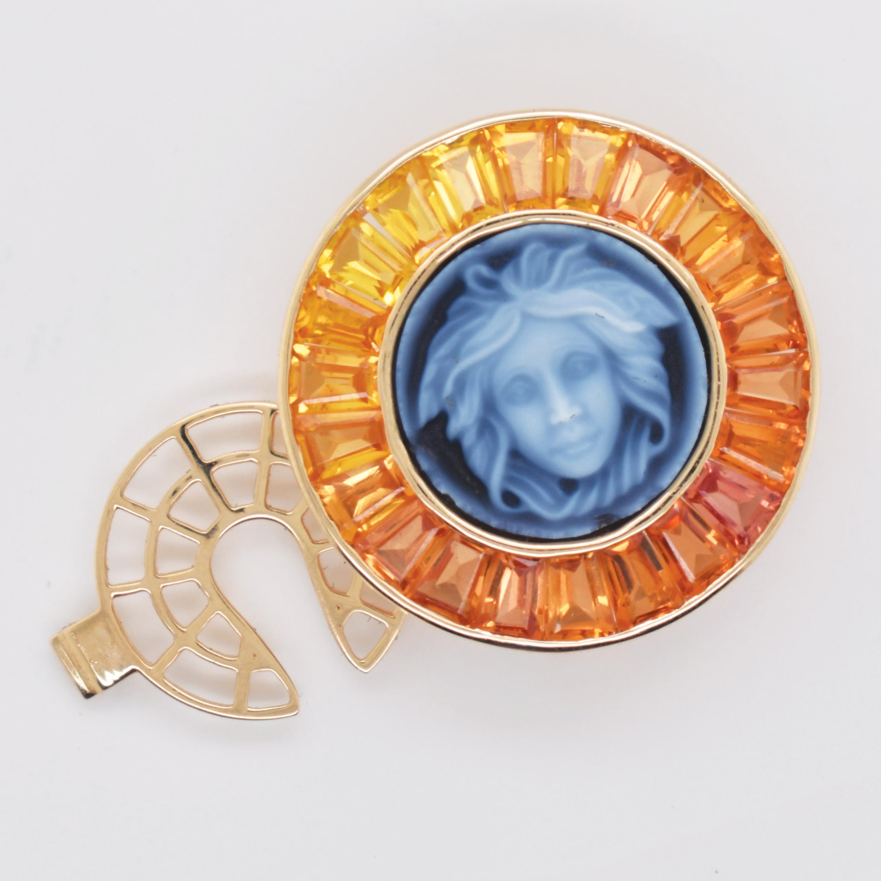 5.96 Carat Yellow Sapphire Baguette Cut Medusa Versace Cameo Shirt Gold Brooch For Sale 7