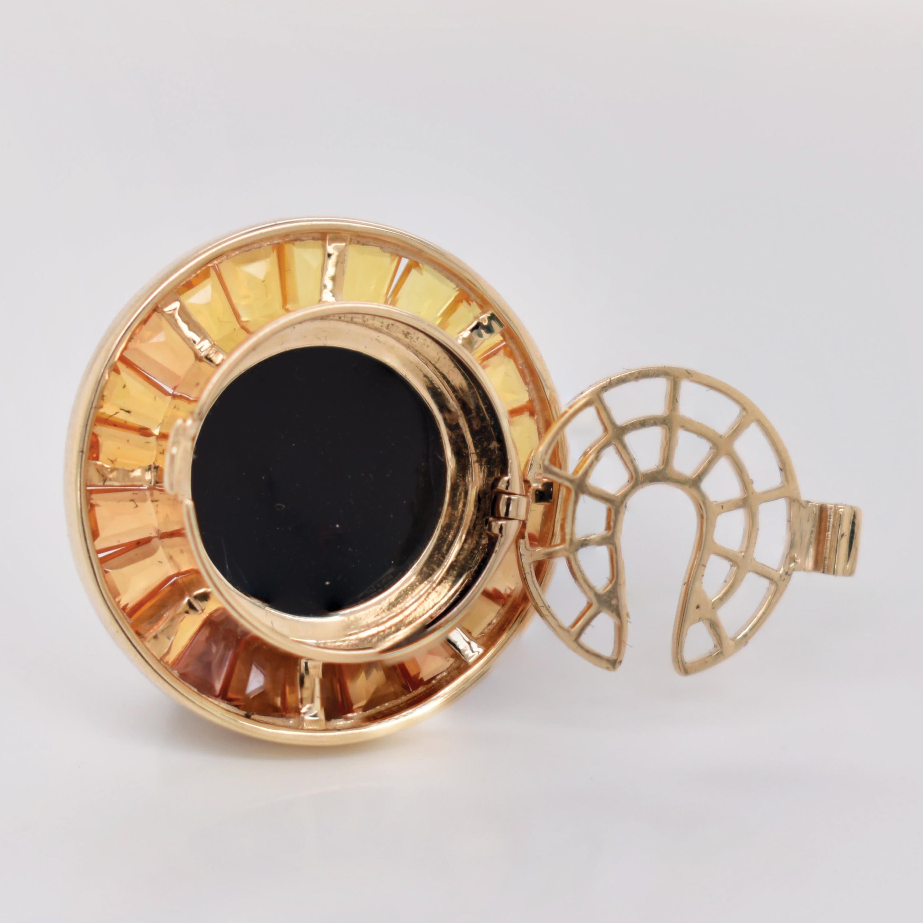 5.96 Carat Yellow Sapphire Baguette Cut Medusa Versace Cameo Shirt Gold Brooch For Sale 9