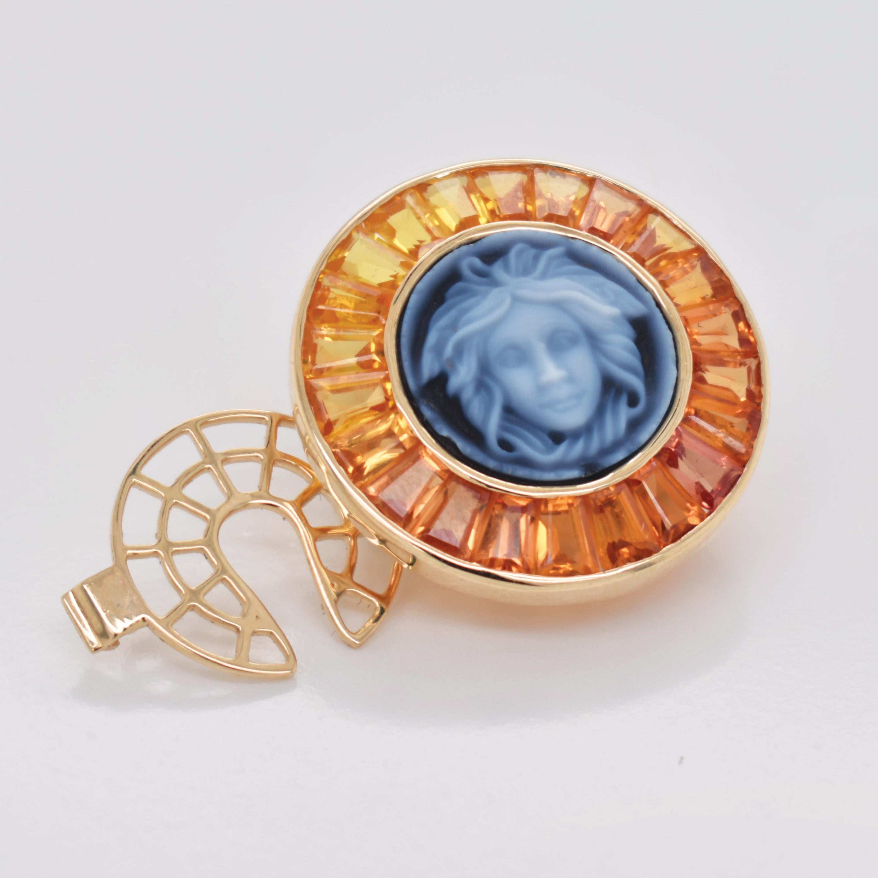 5.96 Carat Yellow Sapphire Baguette Cut Medusa Versace Cameo Shirt Gold Brooch For Sale 10