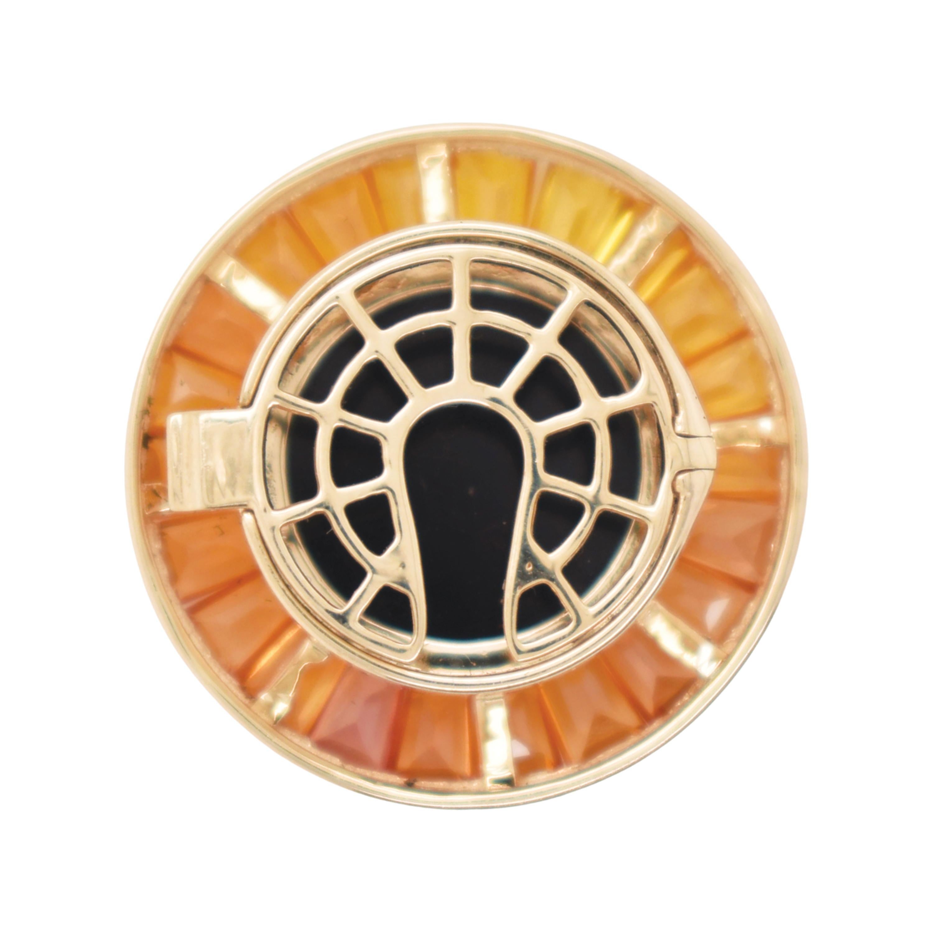 5.96 Carat Yellow Sapphire Baguette Cut Medusa Versace Cameo Shirt Gold Brooch For Sale 11