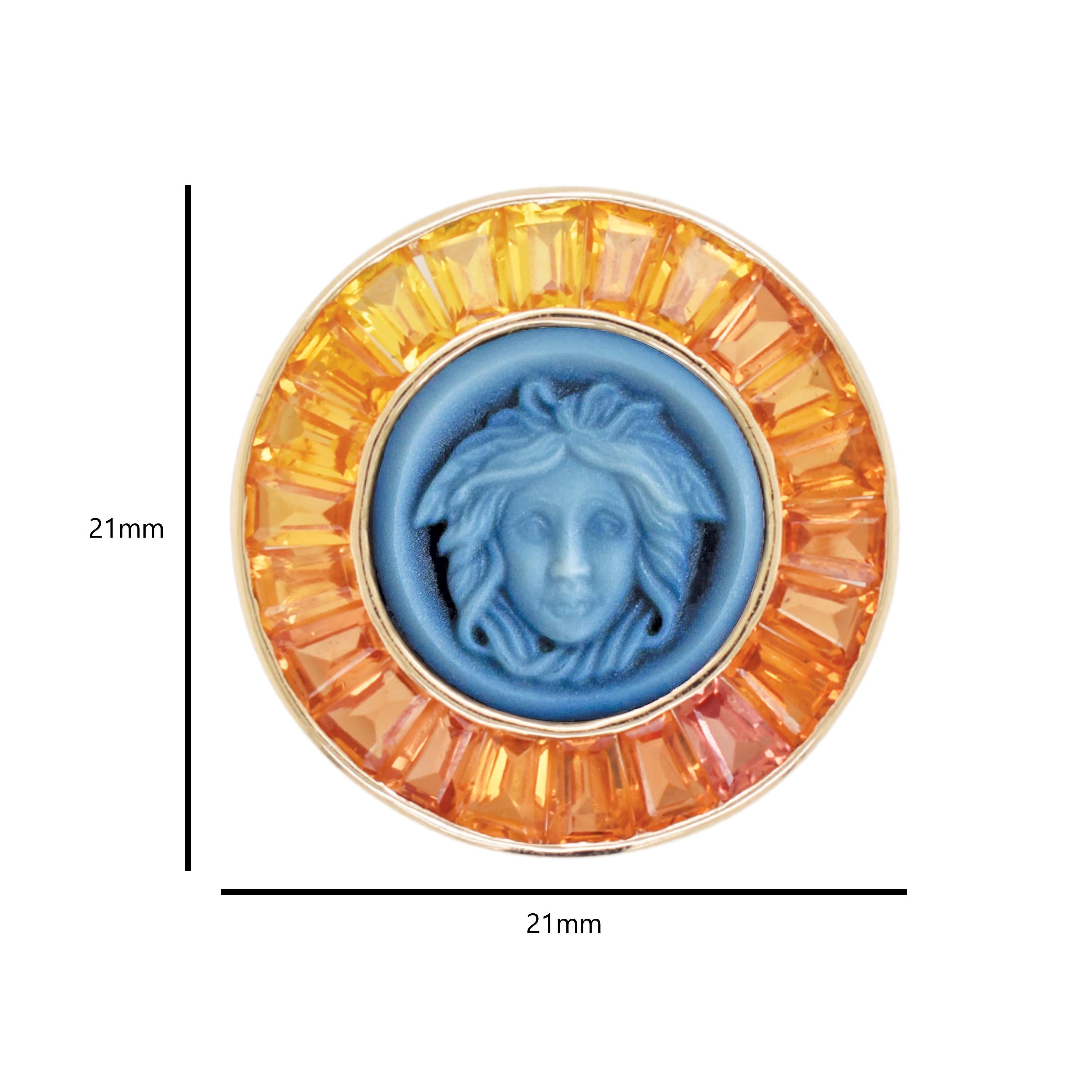 Contemporary 5.96 Carat Yellow Sapphire Baguette Cut Medusa Versace Cameo Shirt Gold Brooch For Sale