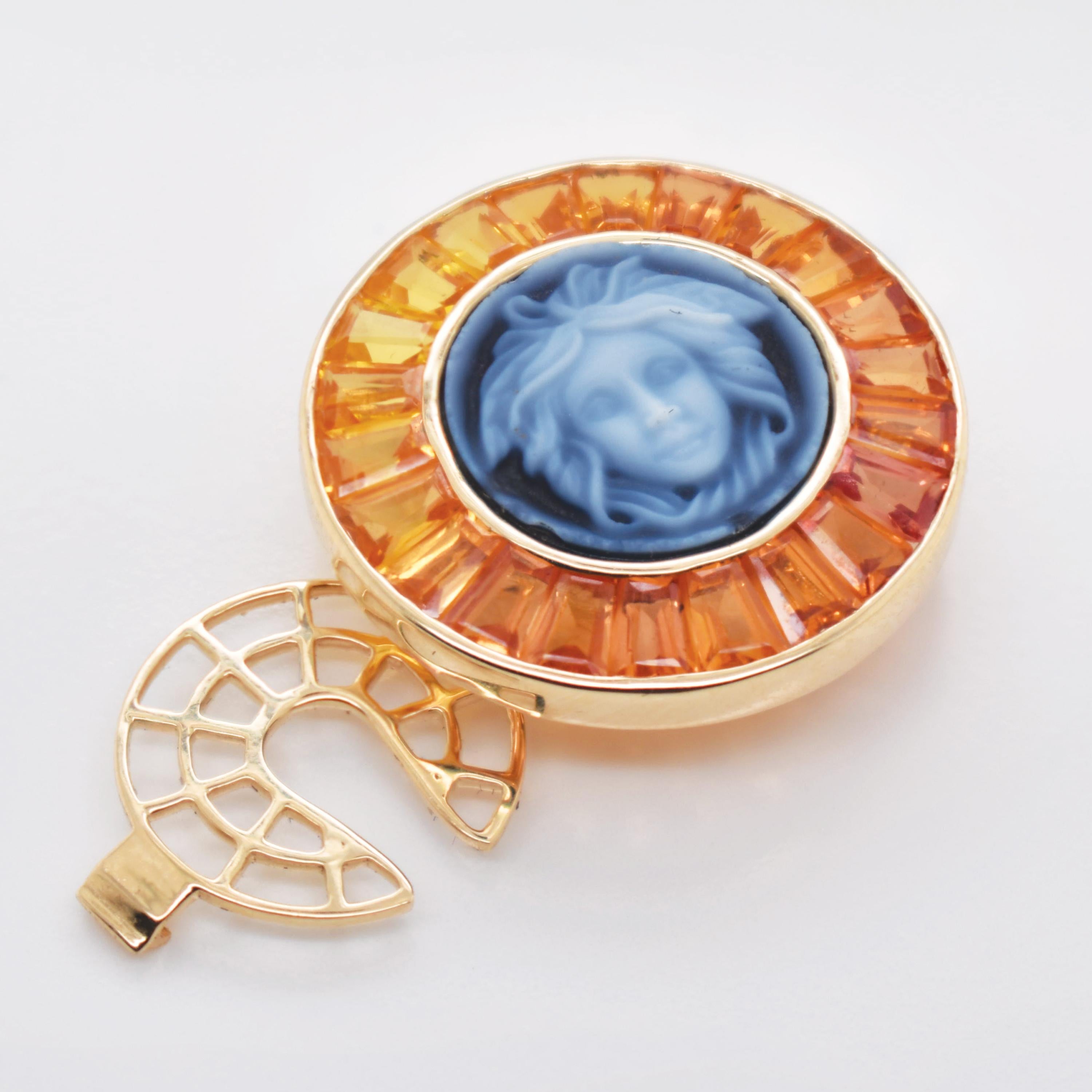 5.96 Carat Yellow Sapphire Baguette Cut Medusa Versace Cameo Shirt Gold Brooch For Sale 1