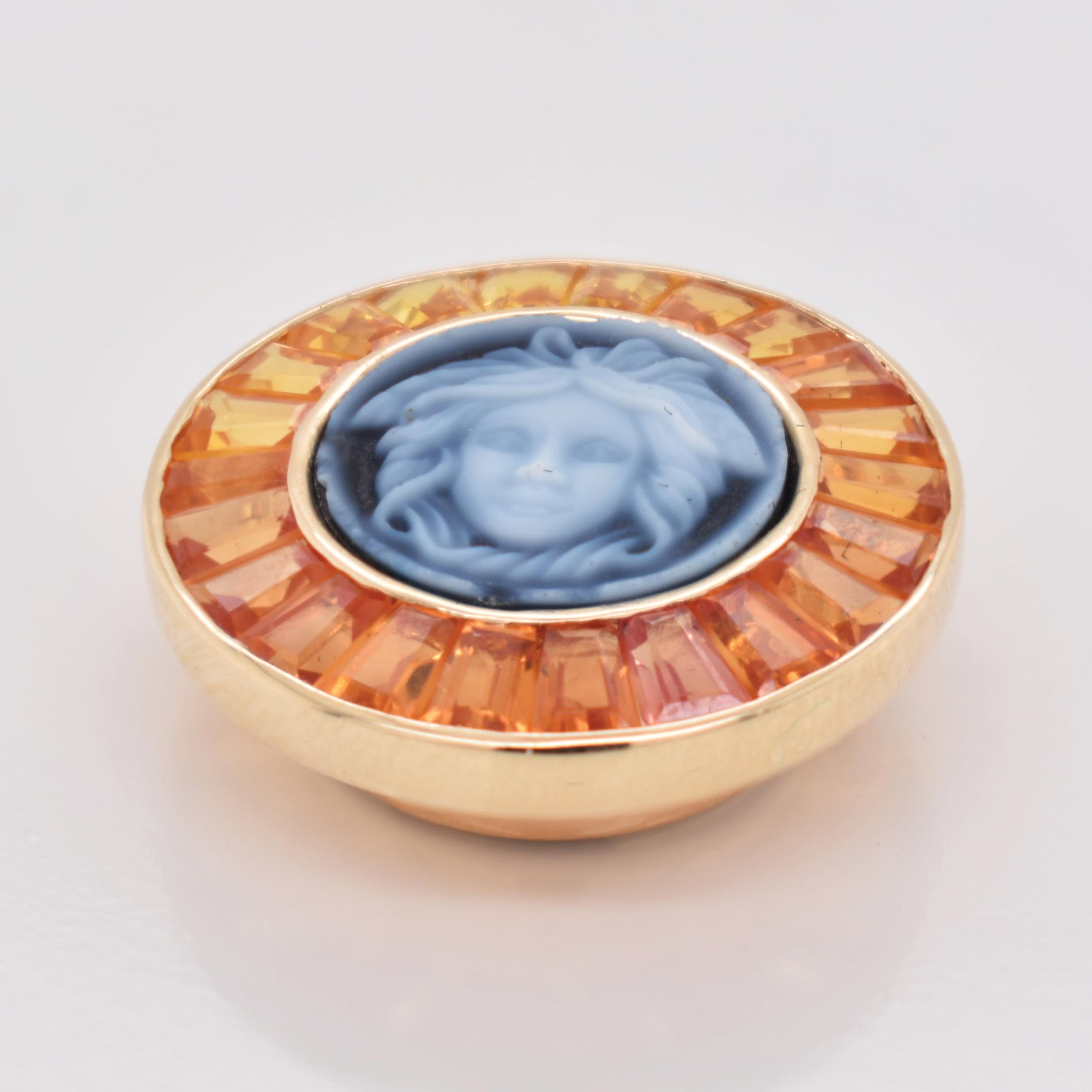 5.96 Carat Yellow Sapphire Baguette Cut Medusa Versace Cameo Shirt Gold Brooch For Sale 2