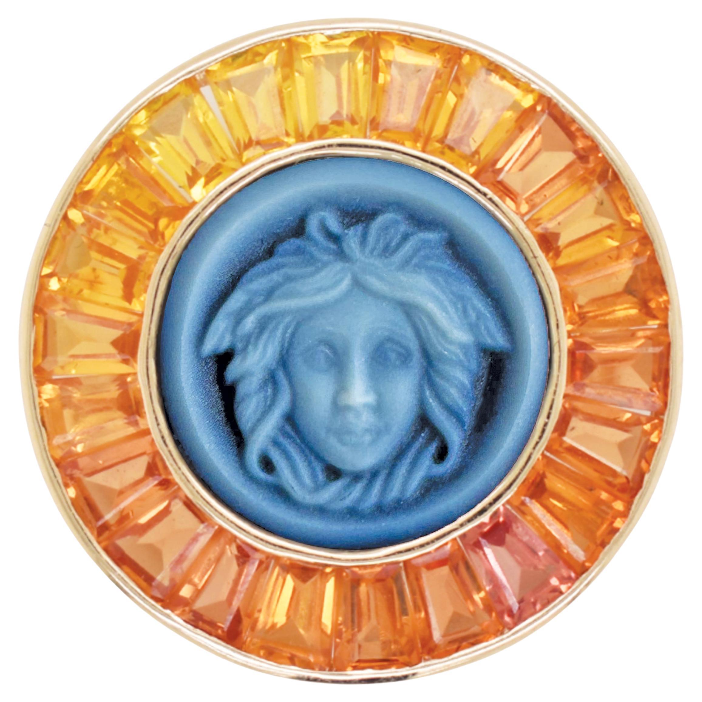 5.96 Carat Yellow Sapphire Baguette Cut Medusa Versace Cameo Shirt Gold Brooch For Sale