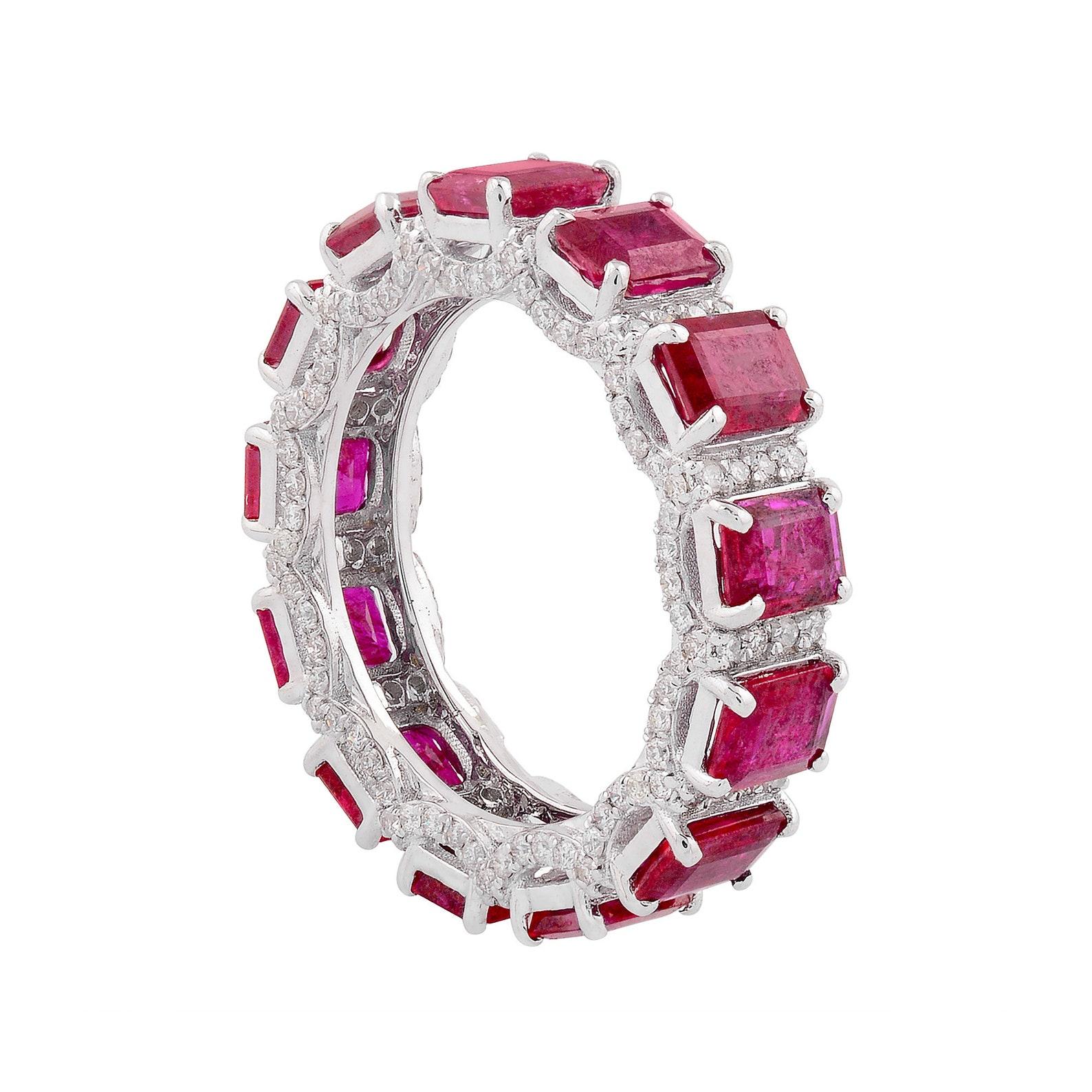 This ring has been meticulously crafted from 14-karat gold.  It is hand set with 5.96 carats ruby & .93 carats of sparkling diamonds. 

The ring is a size 7 and may be resized to larger or smaller upon request. 
FOLLOW  MEGHNA JEWELS storefront to