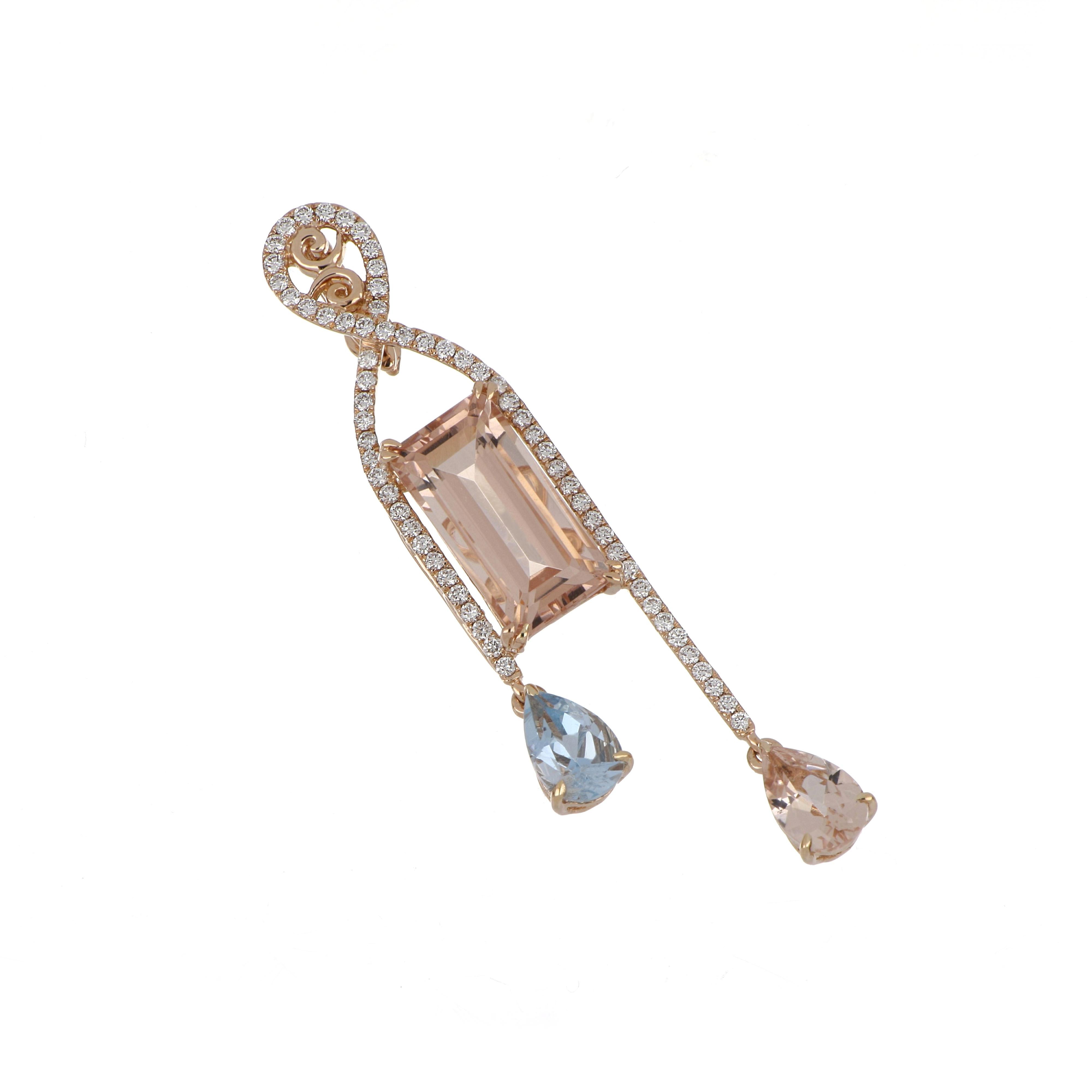 Contemporaneo 5,96 carati. Ciondolo di Morganite e Acquamarina totale con diamante in oro rosa 18 carati in vendita