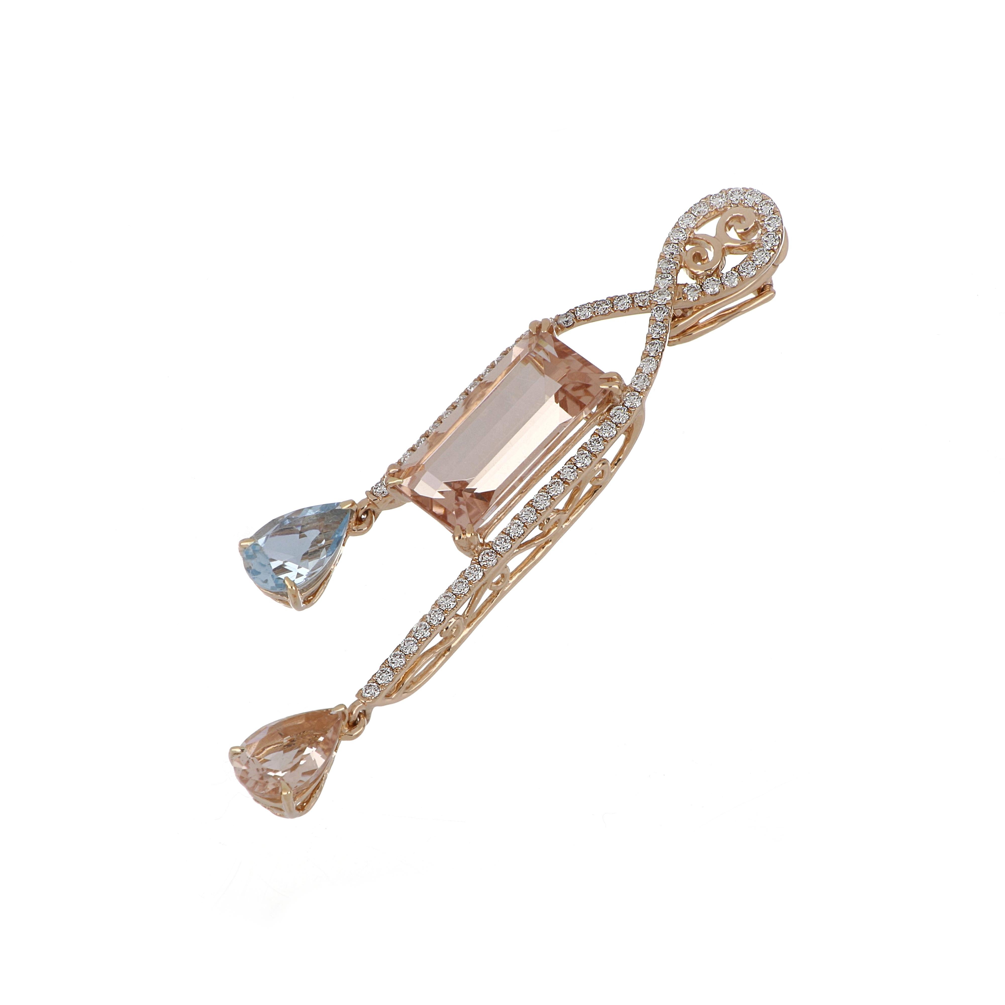 Ottagono 5,96 carati. Ciondolo di Morganite e Acquamarina totale con diamante in oro rosa 18 carati in vendita