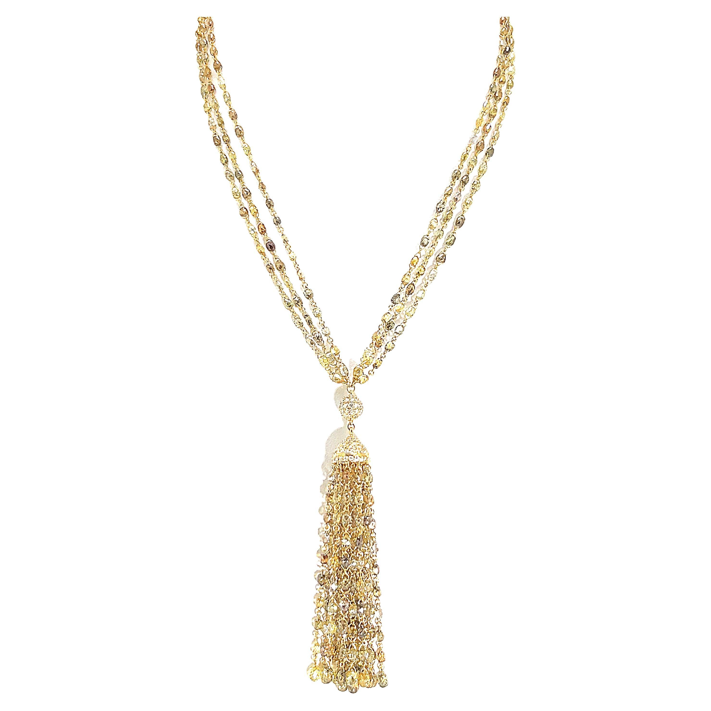 59.66 Carat Briolette Yellow Diamond Tassel Vintage Necklace on 18K Yellow Gold For Sale