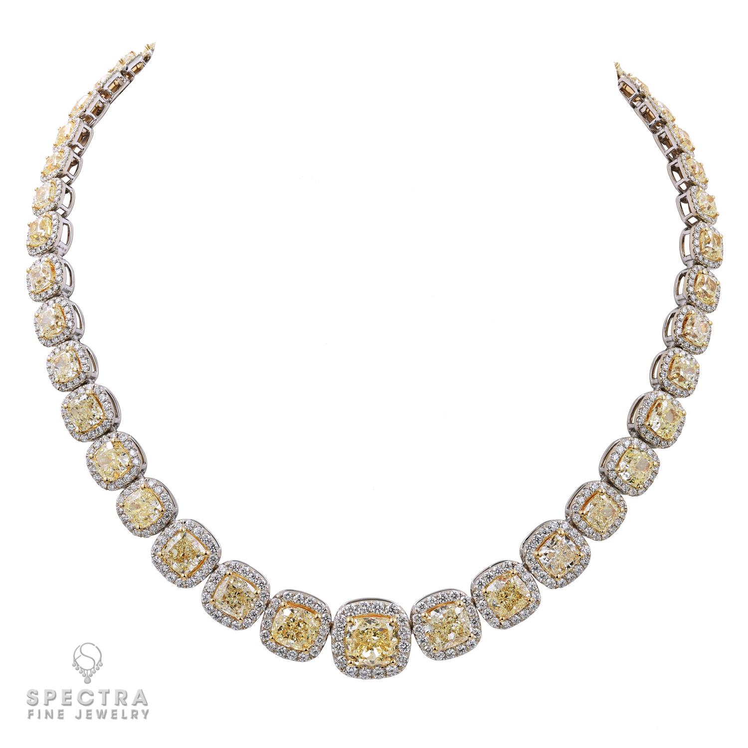 Contemporary 59.66 Carat Yellow & White Diamond Riviera Necklace in 18kt Gold For Sale
