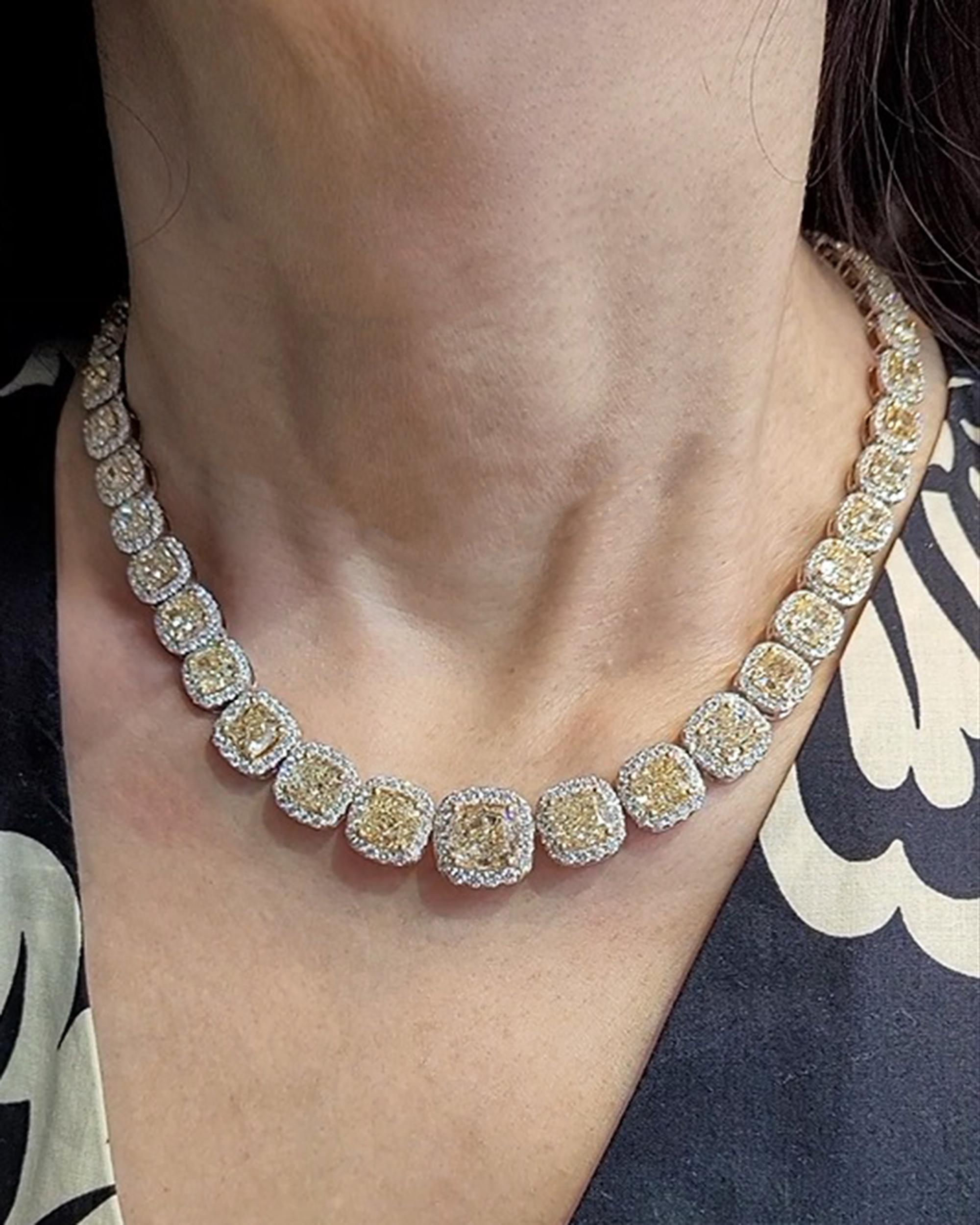 Cushion Cut 59.66 Carat Yellow & White Diamond Riviera Necklace in 18kt Gold For Sale