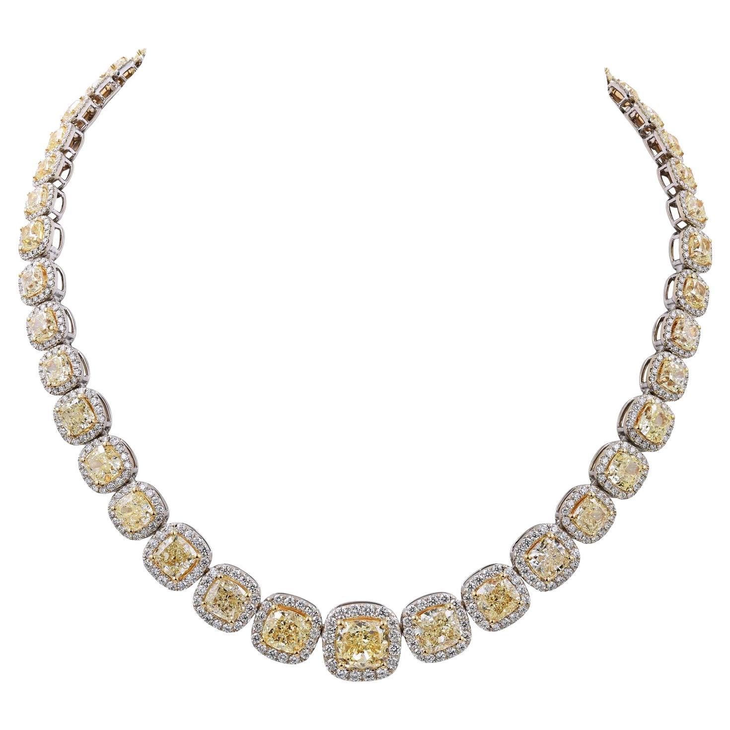 59.66 Carat Yellow & White Diamond Riviera Necklace in 18kt Gold For Sale