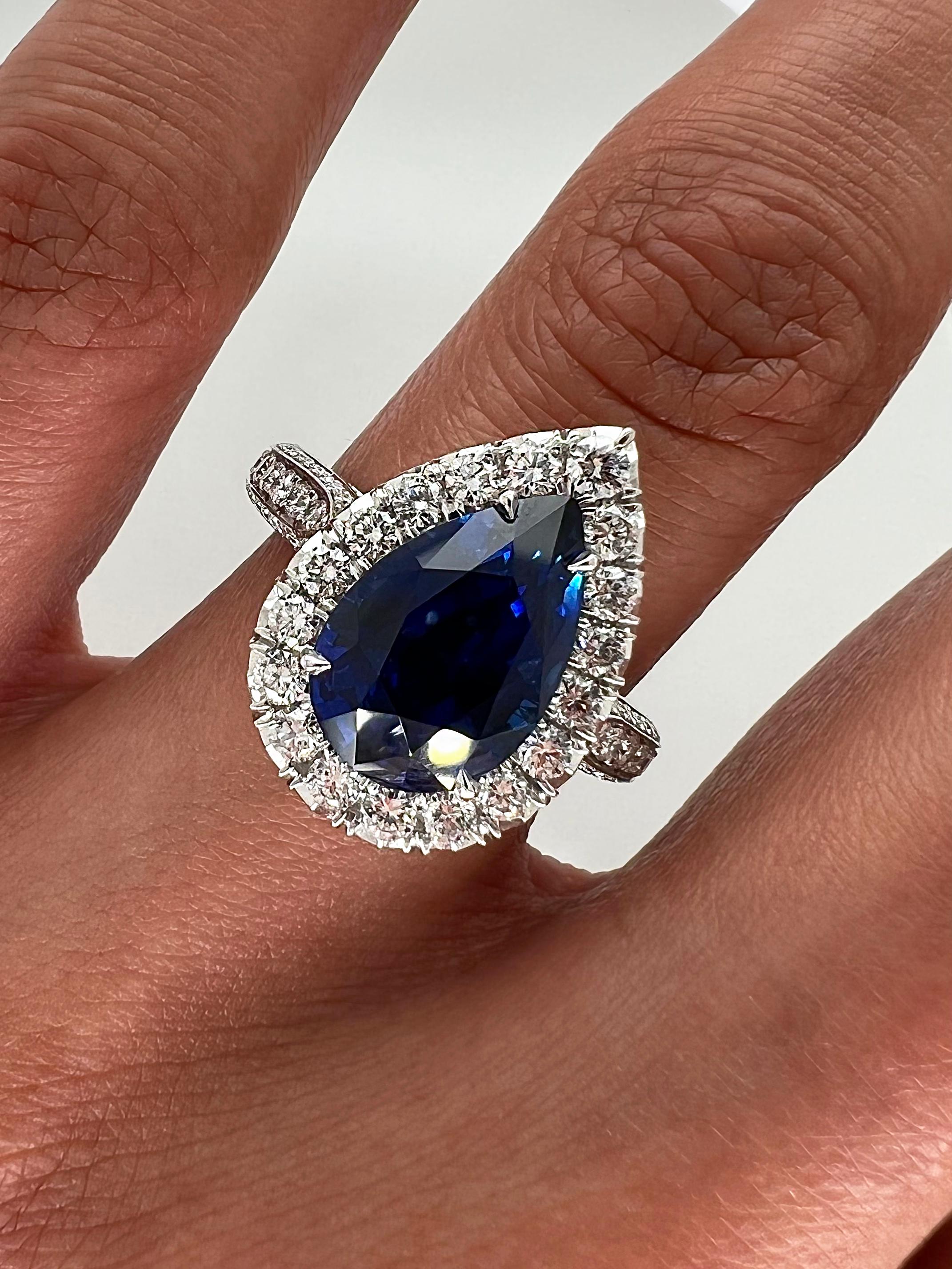 Women's or Men's 5.96 Total Carat Sapphire and Diamond Halo Pave-Set Ladies Engagement Ring GIA For Sale
