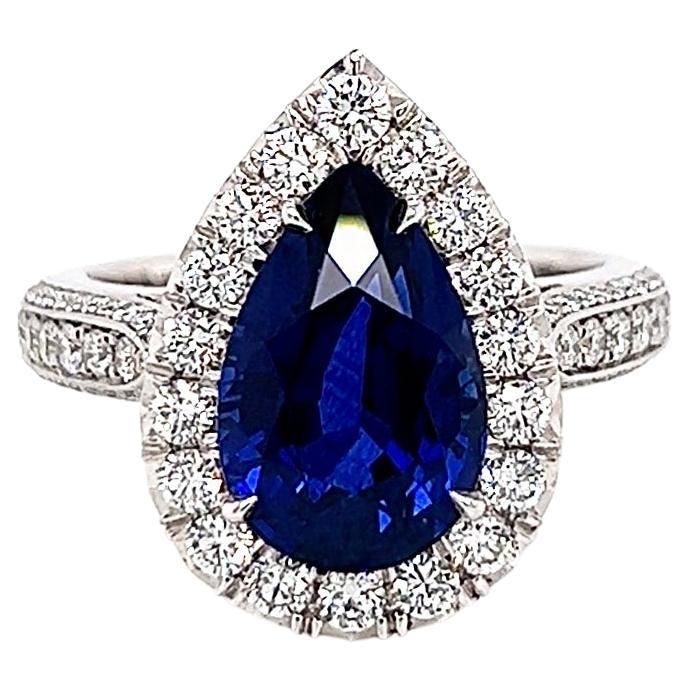 5.96 Total Carat Sapphire and Diamond Halo Pave-Set Ladies Engagement Ring GIA For Sale