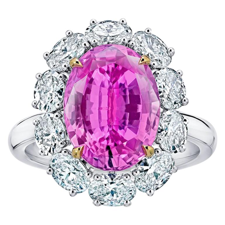 5.97 Carat Oval Pink Sapphire and Diamond Platinum and 18k Ring