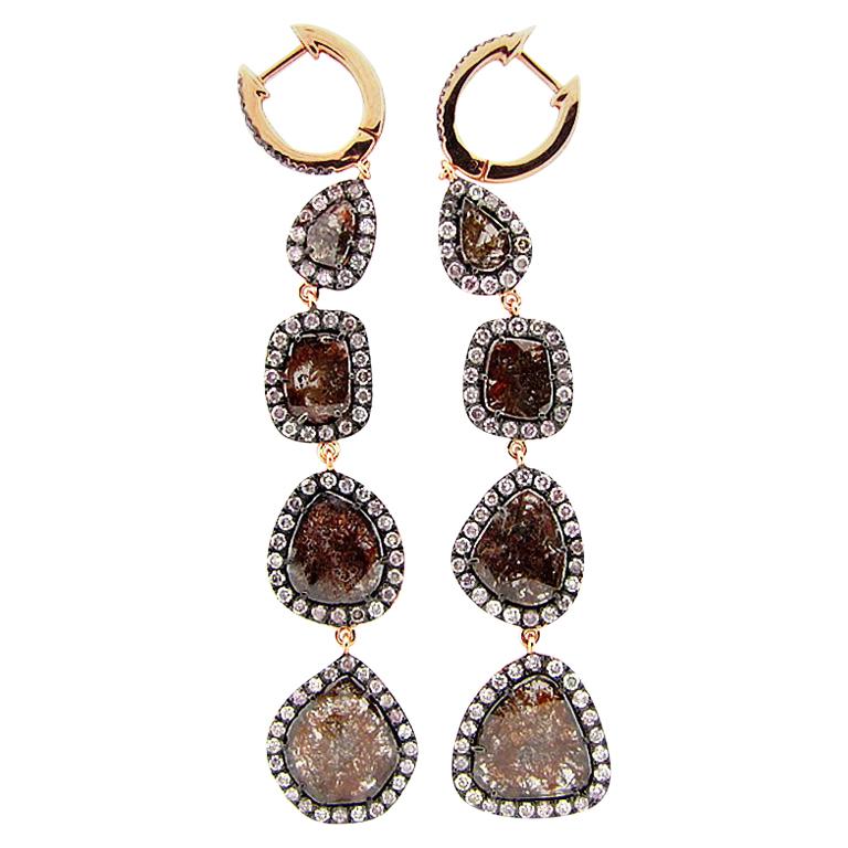 Boucles d'oreilles en diamants bruns taille rose 5,97 carats en tranches