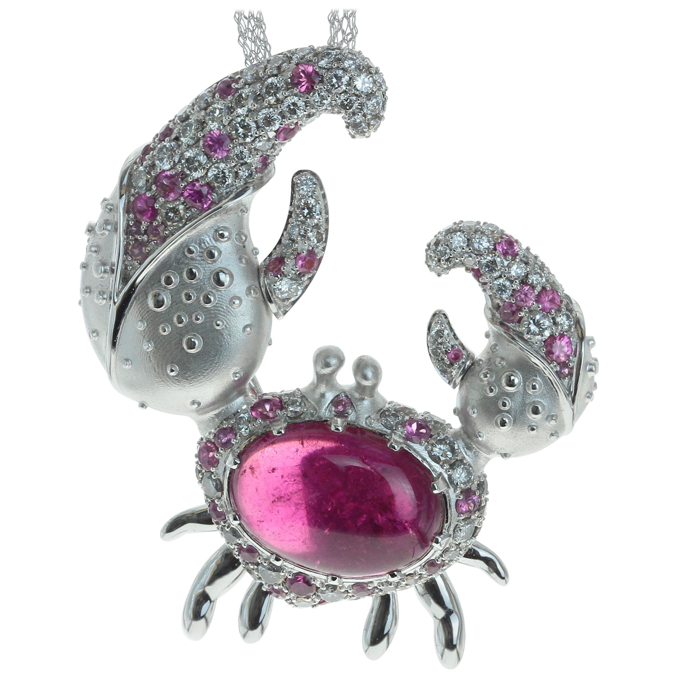 Rubellite 5.97 Carat Diamond 18 Karat White Gold Crab Brooch