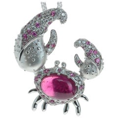 Vintage Rubellite 5.97 Carat Diamond 18 Karat White Gold Crab Brooch