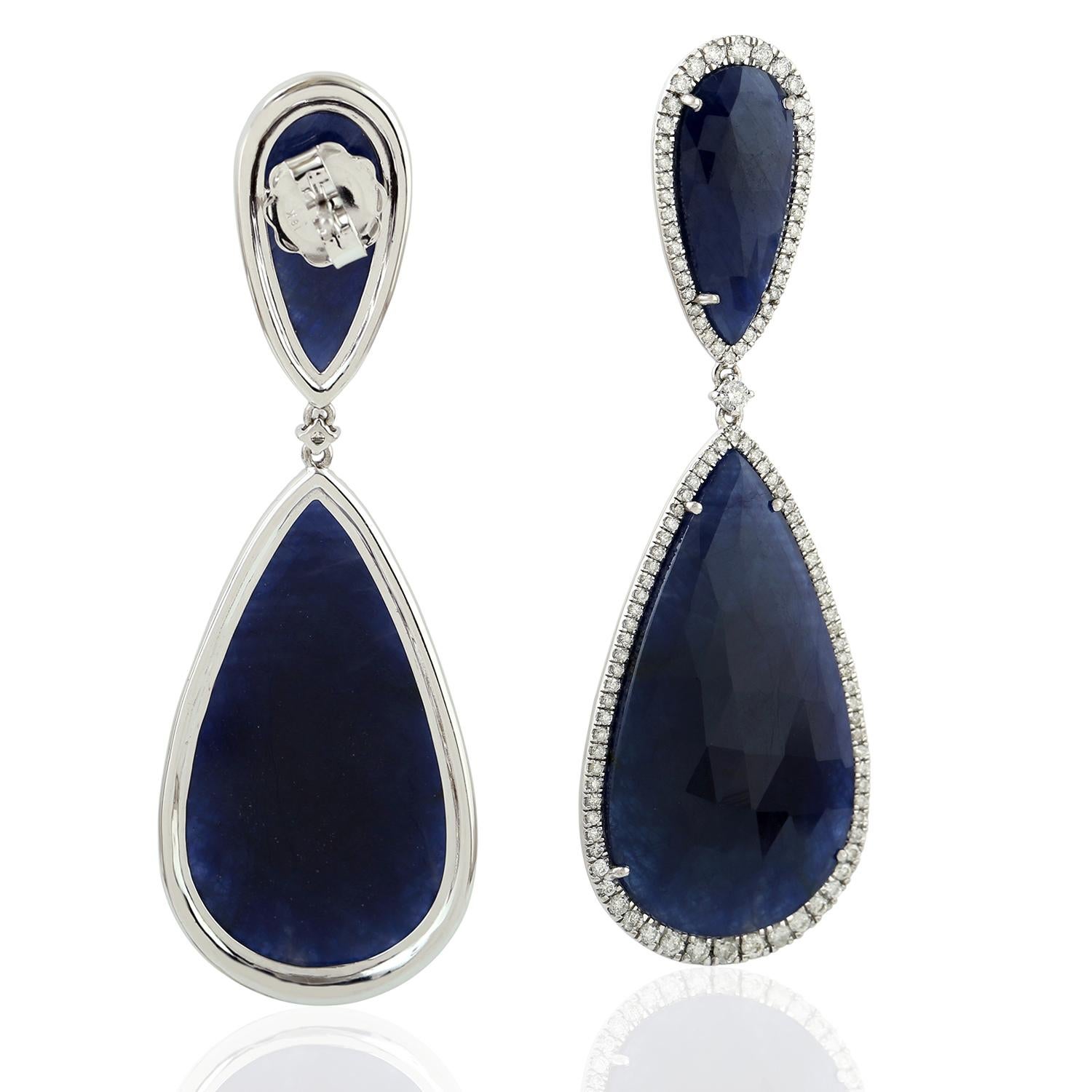 Contemporary 59.75 Carat Blue Sapphire Diamond 18 Karat Gold Earrings For Sale