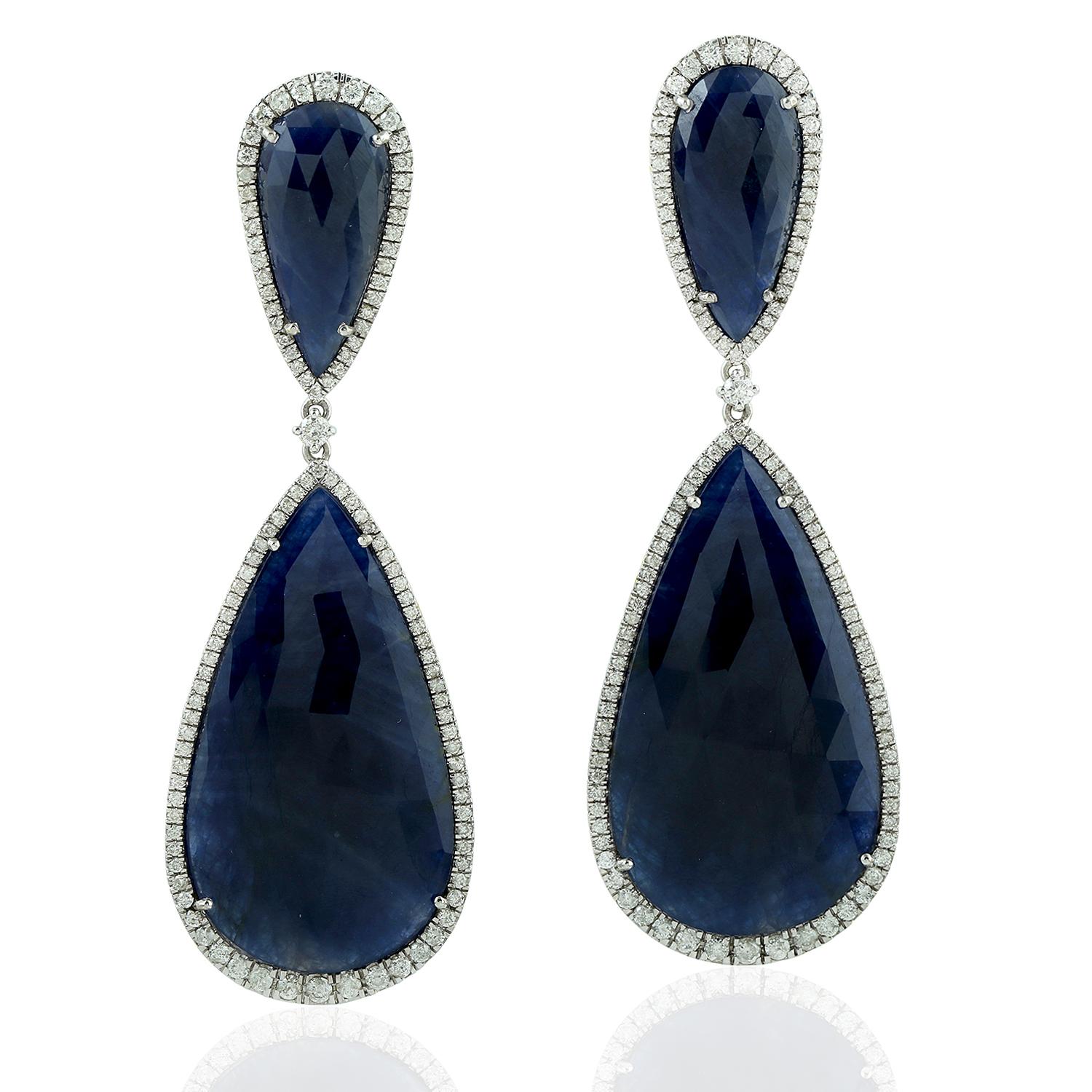 Rose Cut 59.75 Carat Blue Sapphire Diamond 18 Karat Gold Earrings For Sale