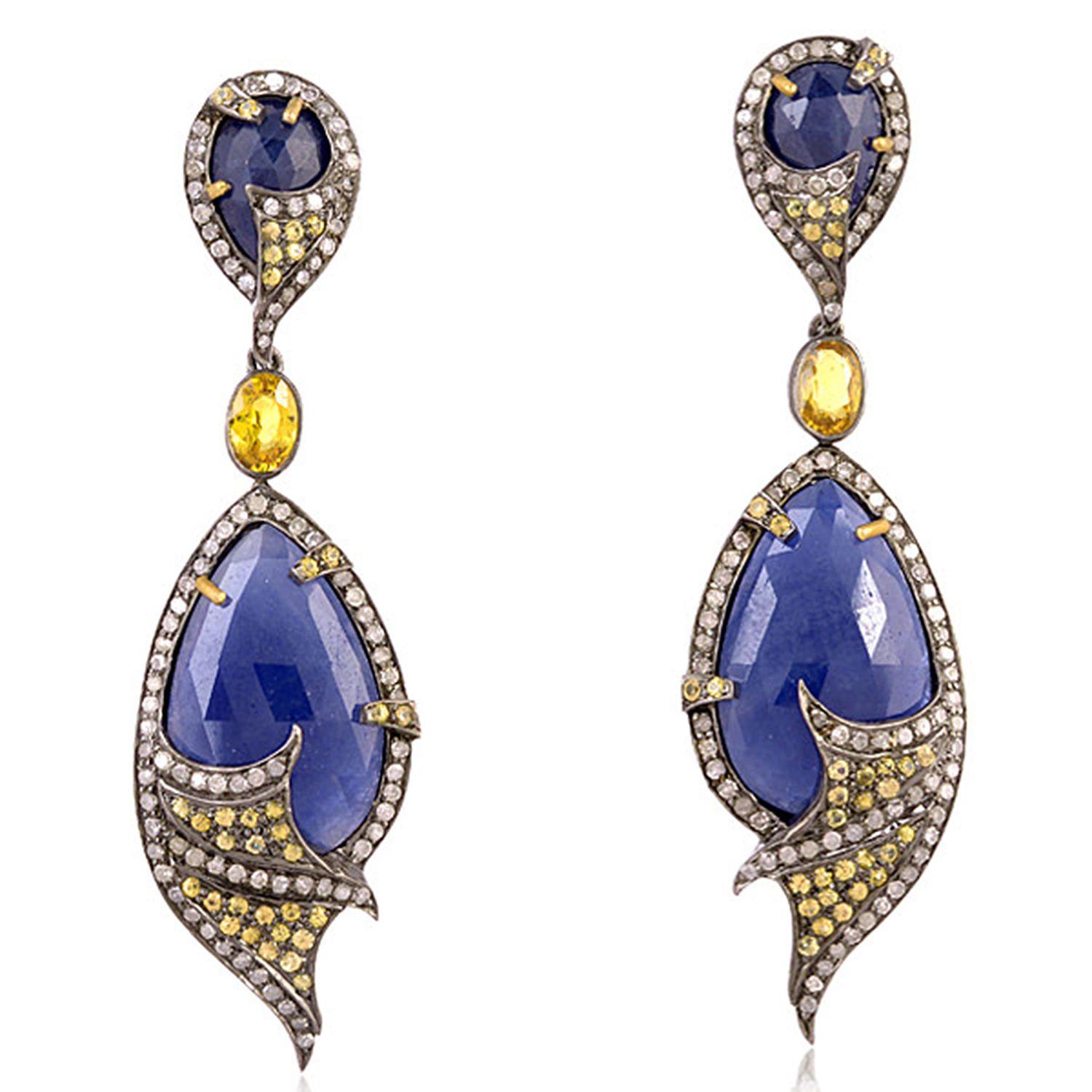 Rose Cut 59.75 Carat Blue Sapphire Diamond 18 Karat Gold Earrings For Sale