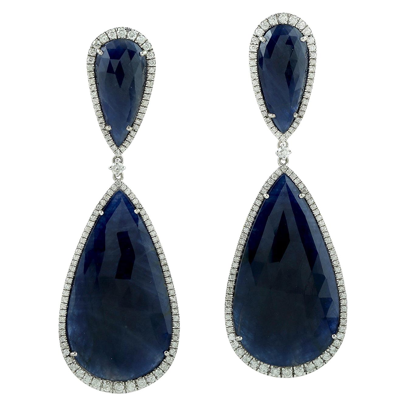 59,75 Karat Blauer Saphir Diamant 18 Karat Gold Ohrringe im Angebot