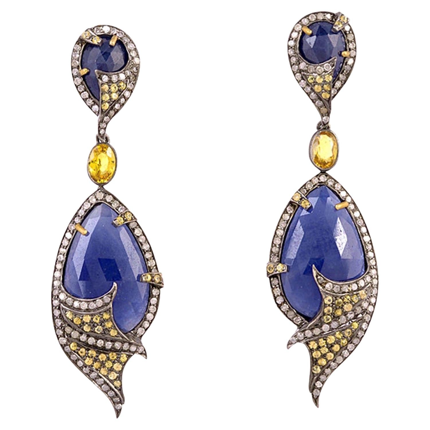 59.75 Carat Blue Sapphire Diamond 18 Karat Gold Earrings For Sale