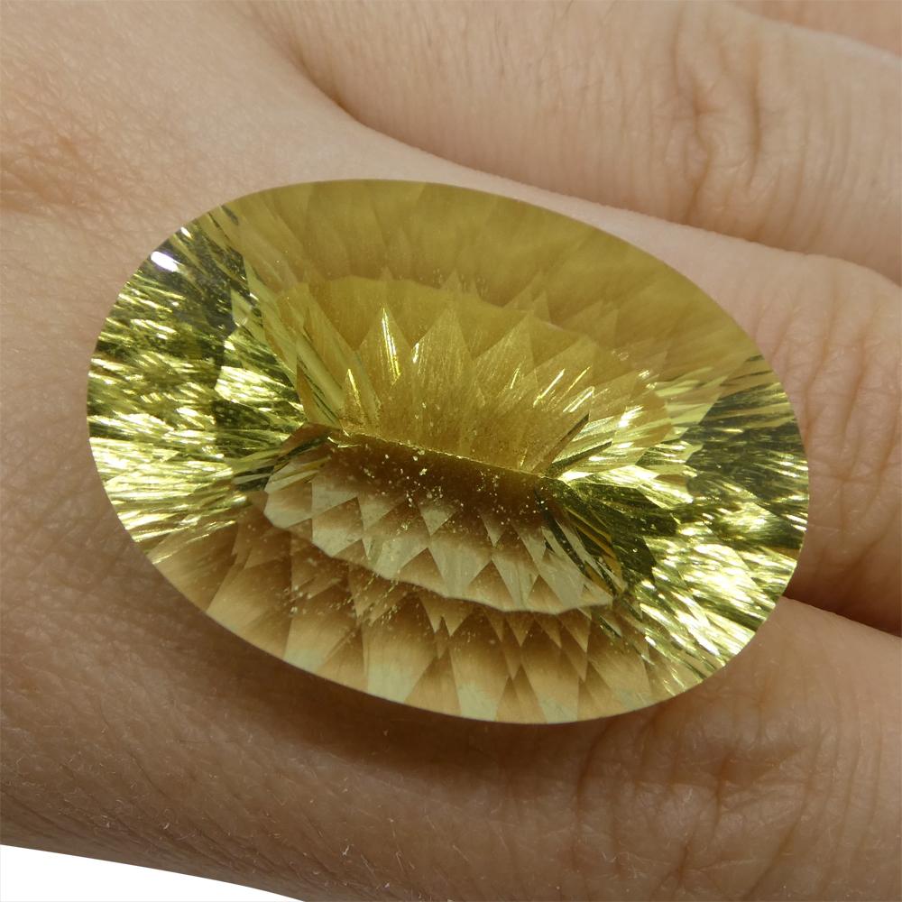 Description:

Gem Type: Lemon Citrine
Number of Stones: 1
Weight: 59.78 cts
Measurements: 31x22x17mm
Shape: Oval
Cutting Style: Oval Fantasy Cut
Cutting Style Crown: Fantasy Cut
Cutting Style Pavilion: Fantasy Cut
Transparency: Transparent
Clarity:
