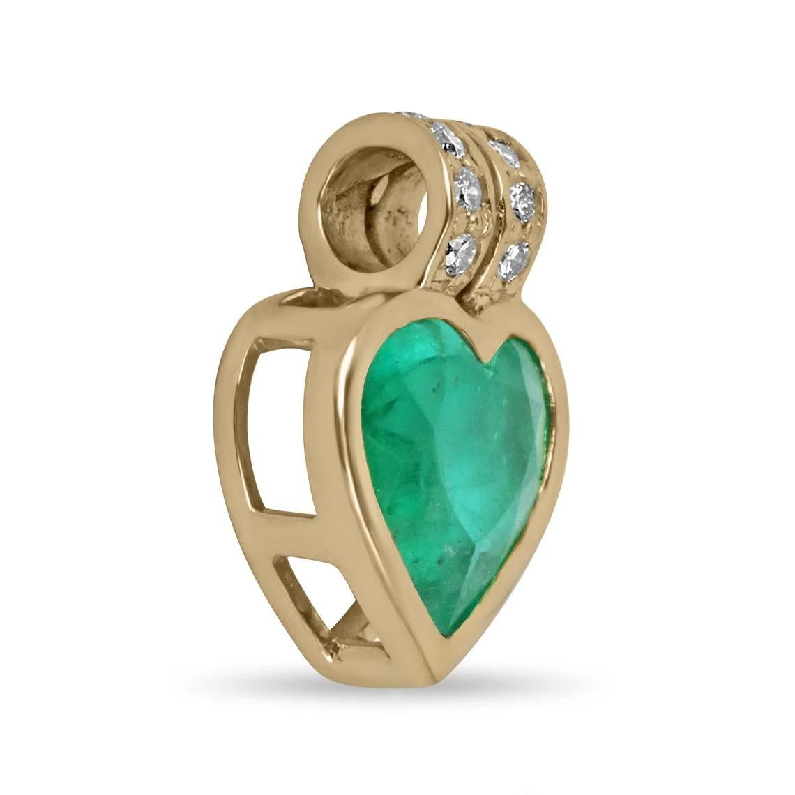 A fancy heart-shaped emerald and diamond pendant. This exquisite, high-quality piece features an eye-catching heart-cut Colombian emerald that is almost six carats. A gemstone of this cut and size is rare to come across, mostly for how remarkable