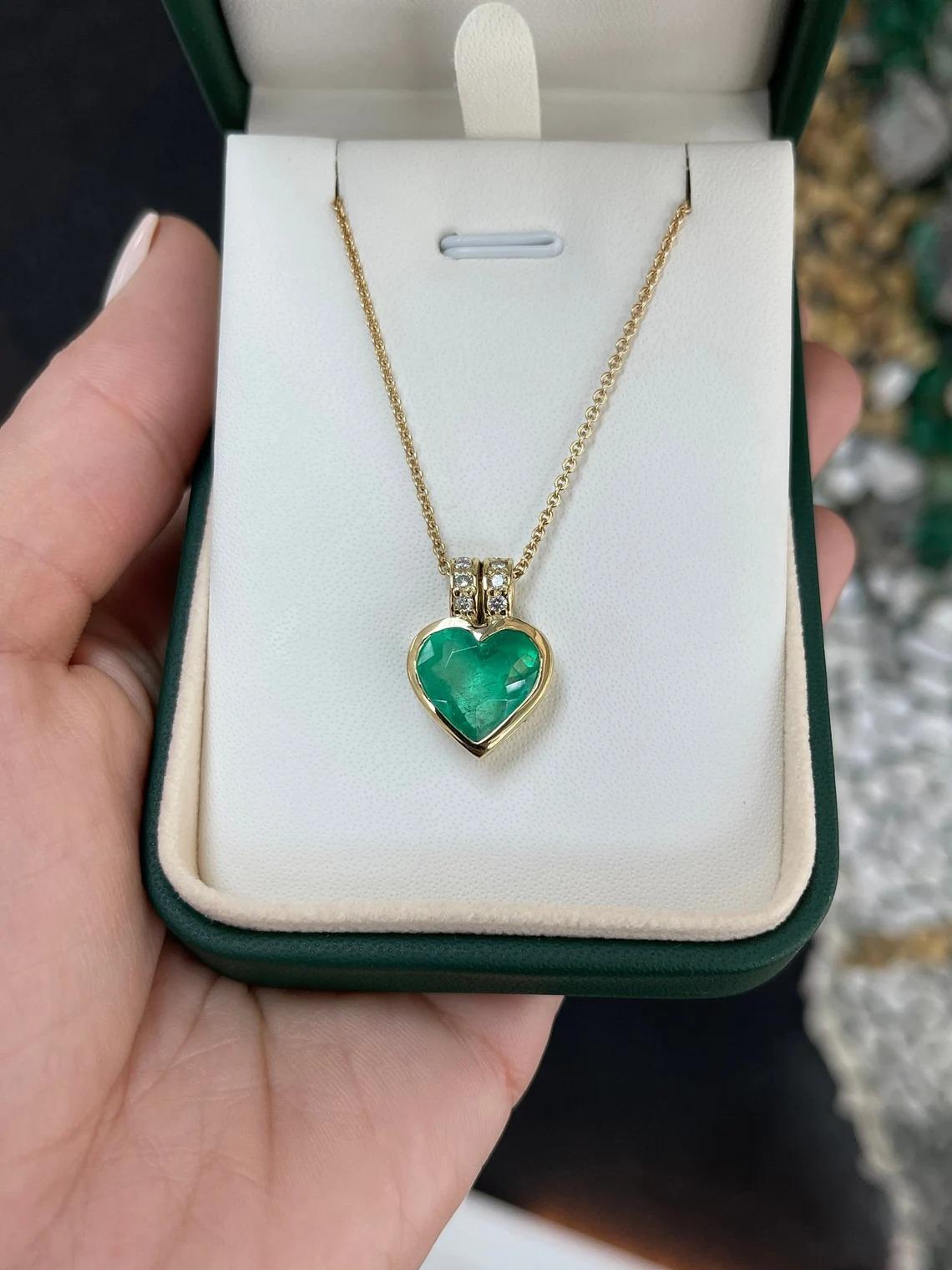 Artist 5.97tcw 18K Colombian Emerald Heart & Diamond Bale Accent Gold Bezel Pendant  For Sale