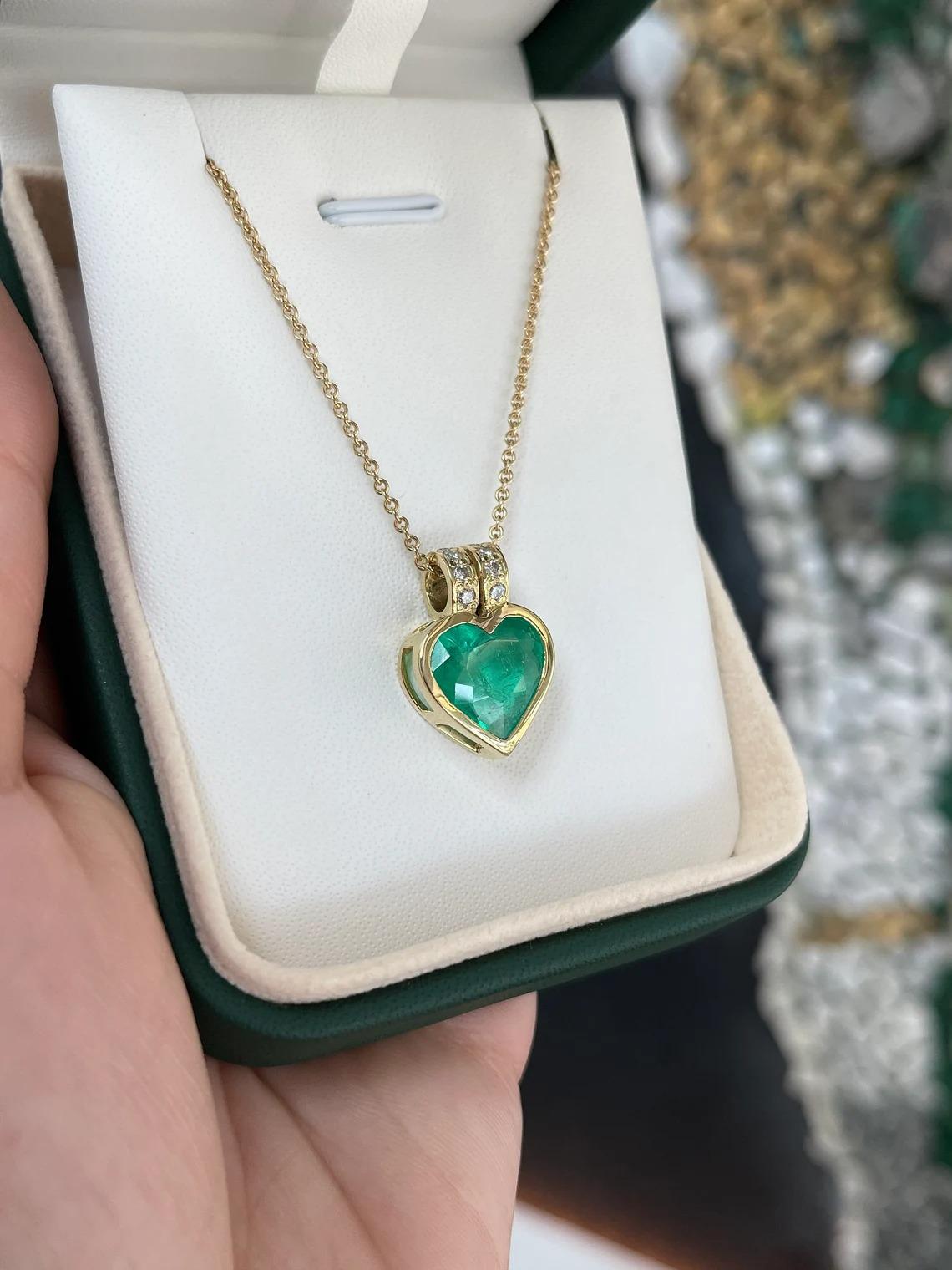 Heart Cut 5.97tcw 18K Colombian Emerald Heart & Diamond Bale Accent Gold Bezel Pendant  For Sale