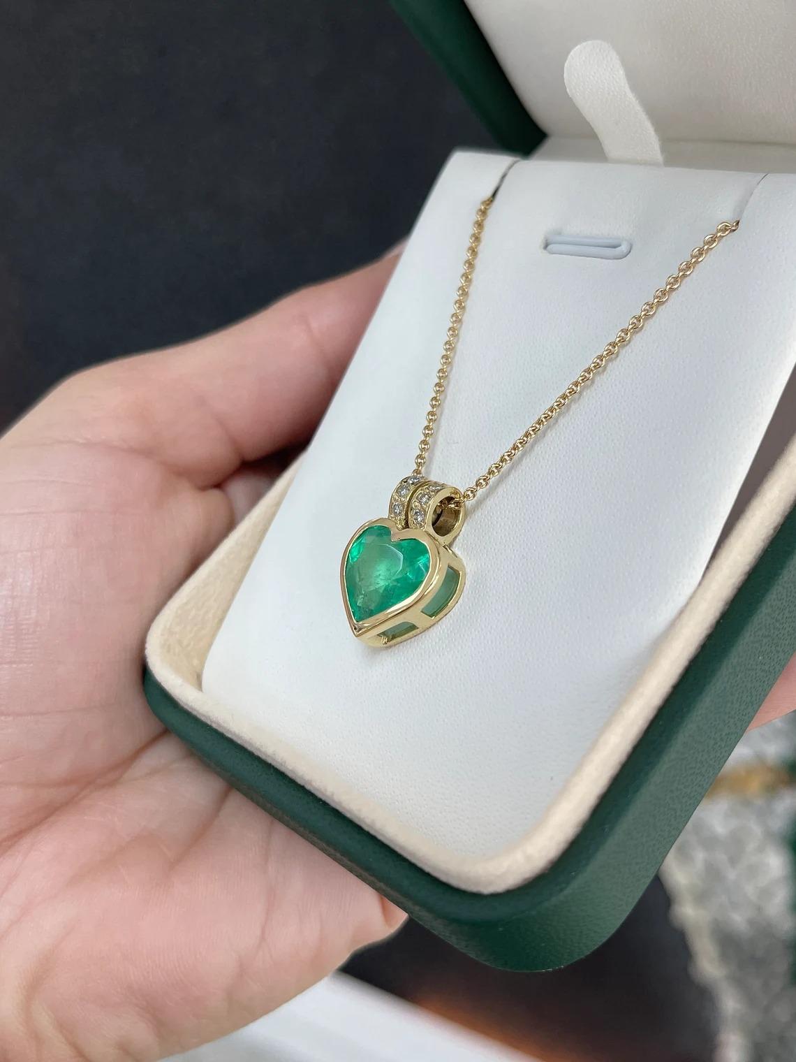 Women's 5.97tcw 18K Colombian Emerald Heart & Diamond Bale Accent Gold Bezel Pendant  For Sale