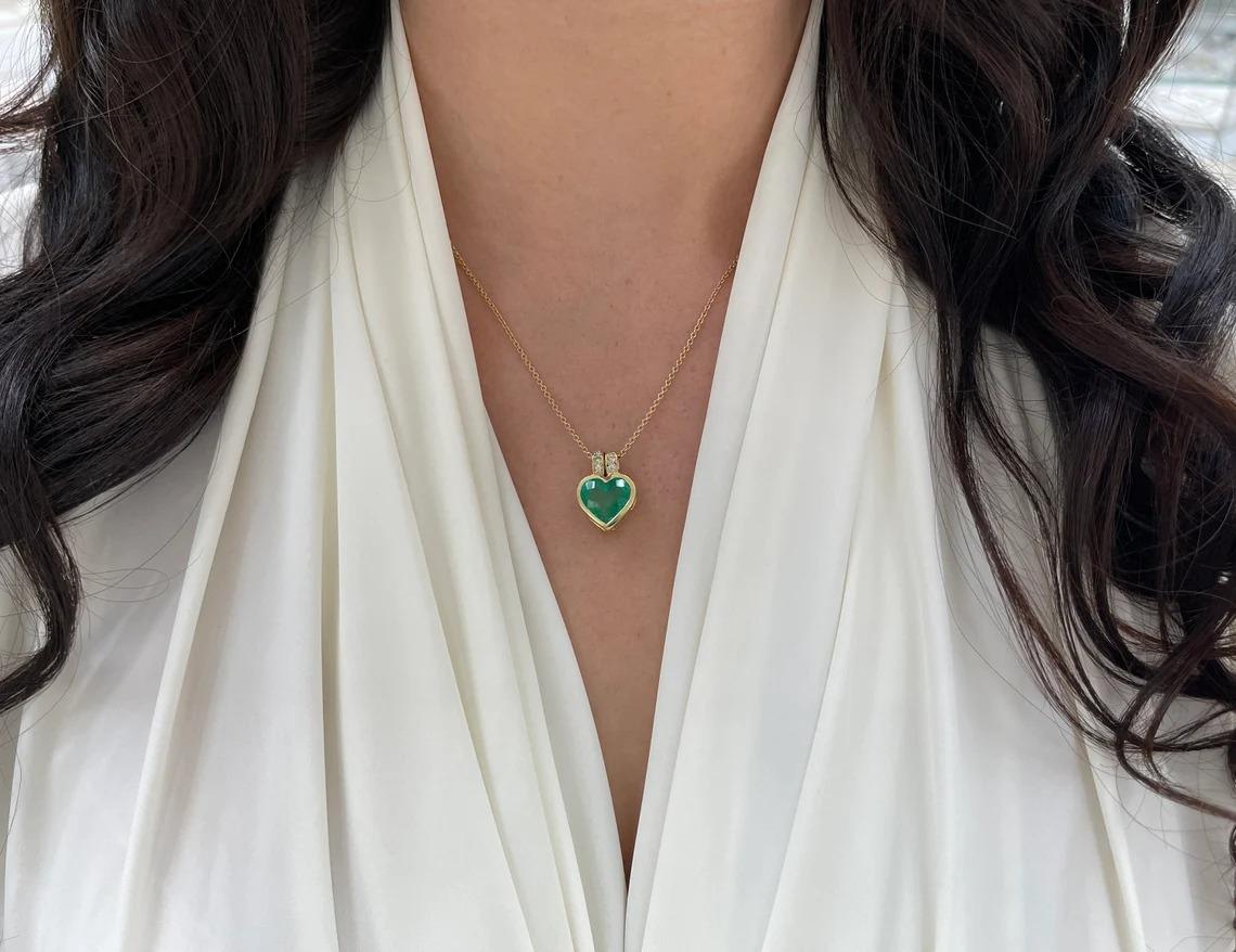 5.97tcw 18K Colombian Emerald Heart & Diamond Bale Accent Gold Bezel Pendant  For Sale 1