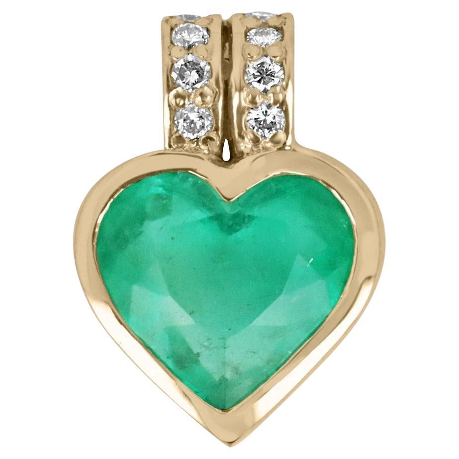 5.97tcw 18K Colombian Emerald Heart & Diamond Bale Accent Gold Bezel Pendant  For Sale