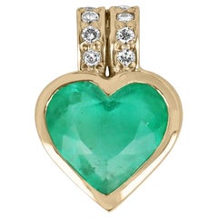 5.97tcw 18K Colombian Emerald Heart & Diamond Bale Accent Gold Bezel Pendant 