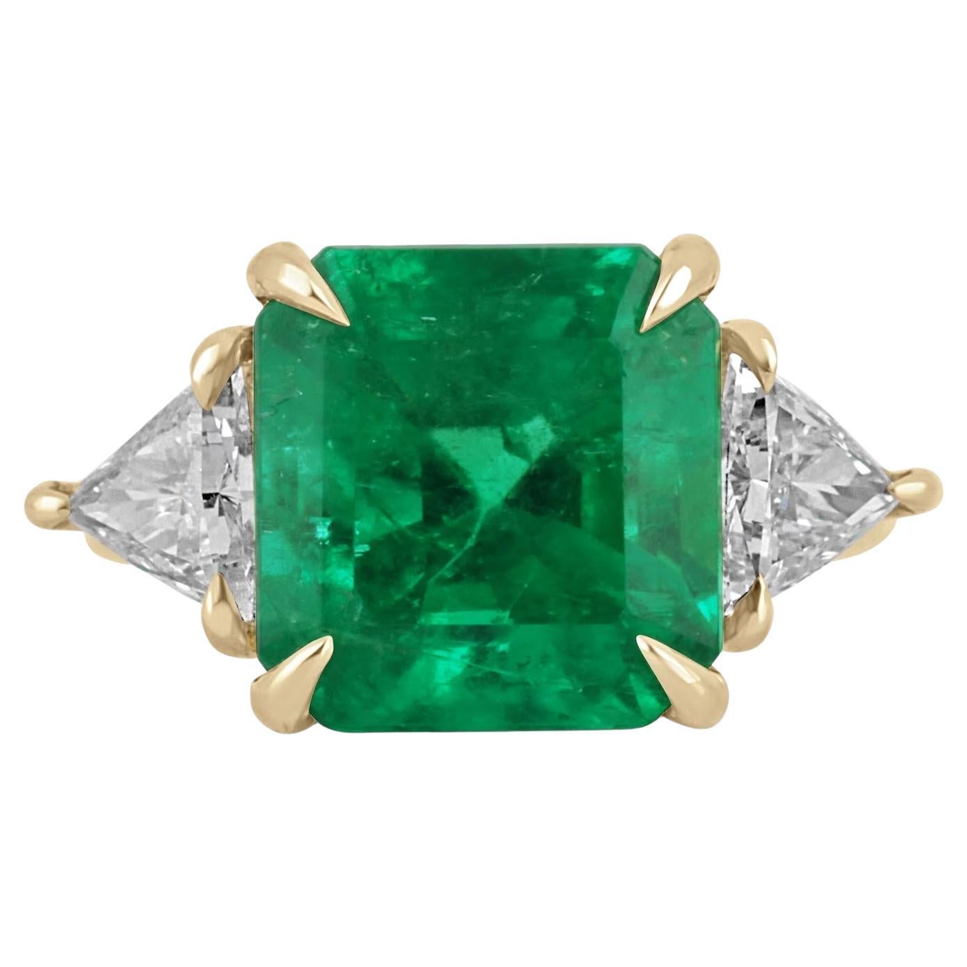 5.97tcw Fine Quality AAA Emerald & Trillion VS Diamond Three Stone Ring Gold 18K For Sale