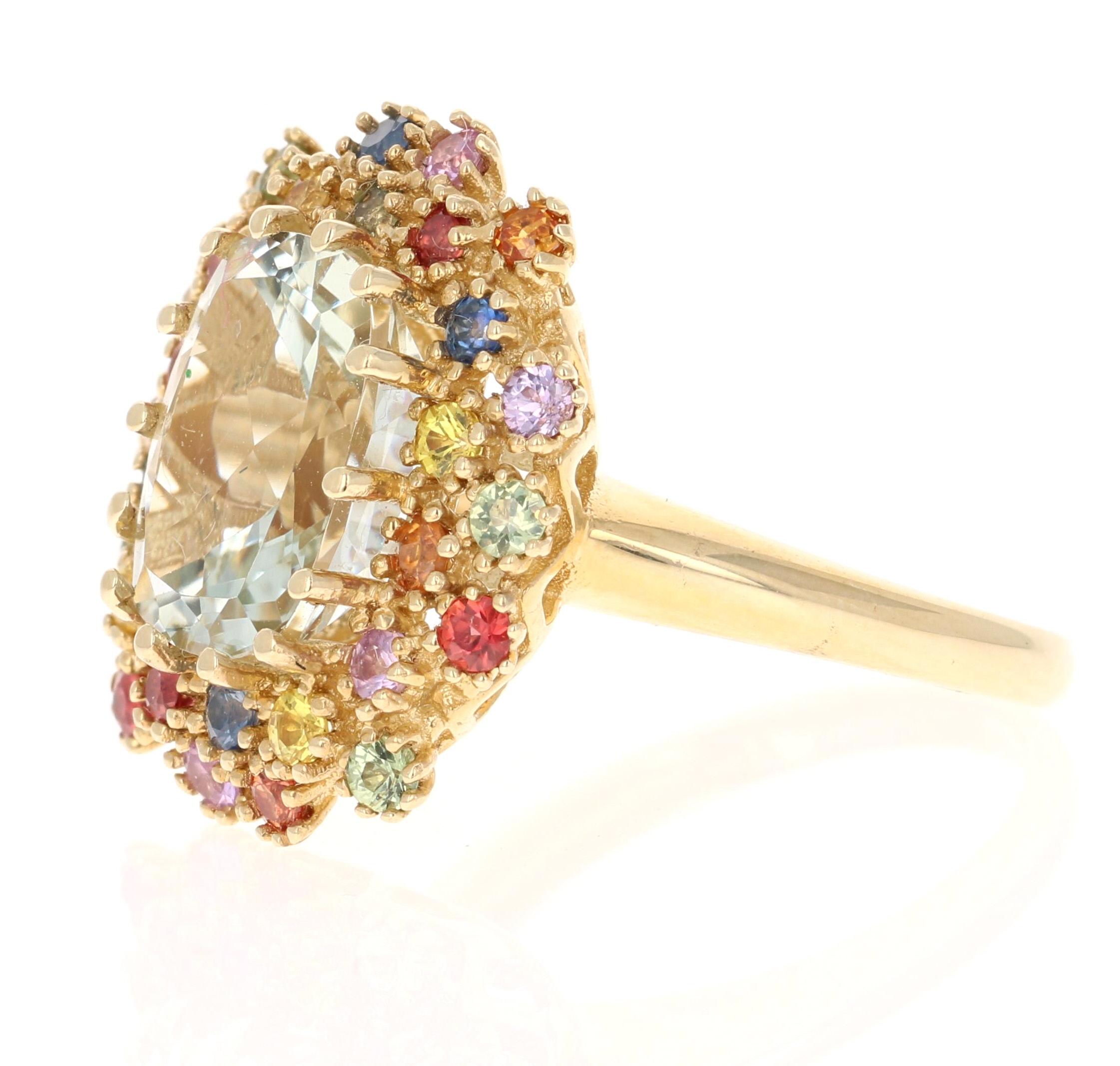 Moderno Anello a grappolo in oro giallo con ametista e zaffiri multicolore da 5,98 carati in vendita