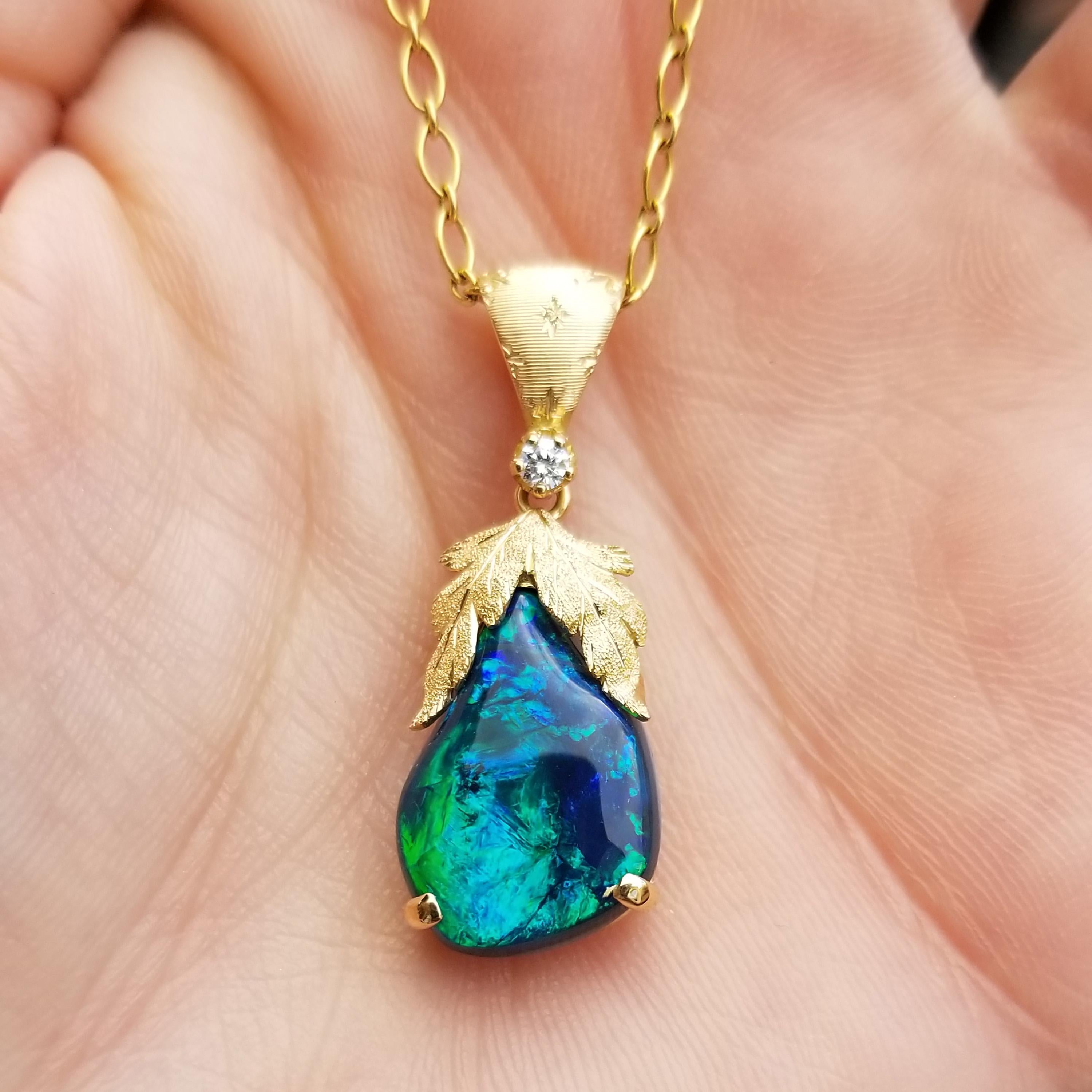 Pear Cut 5.98 Carat Black Opal and 18 Karat Gold Hand-Engraved Necklace Handmade in Italy