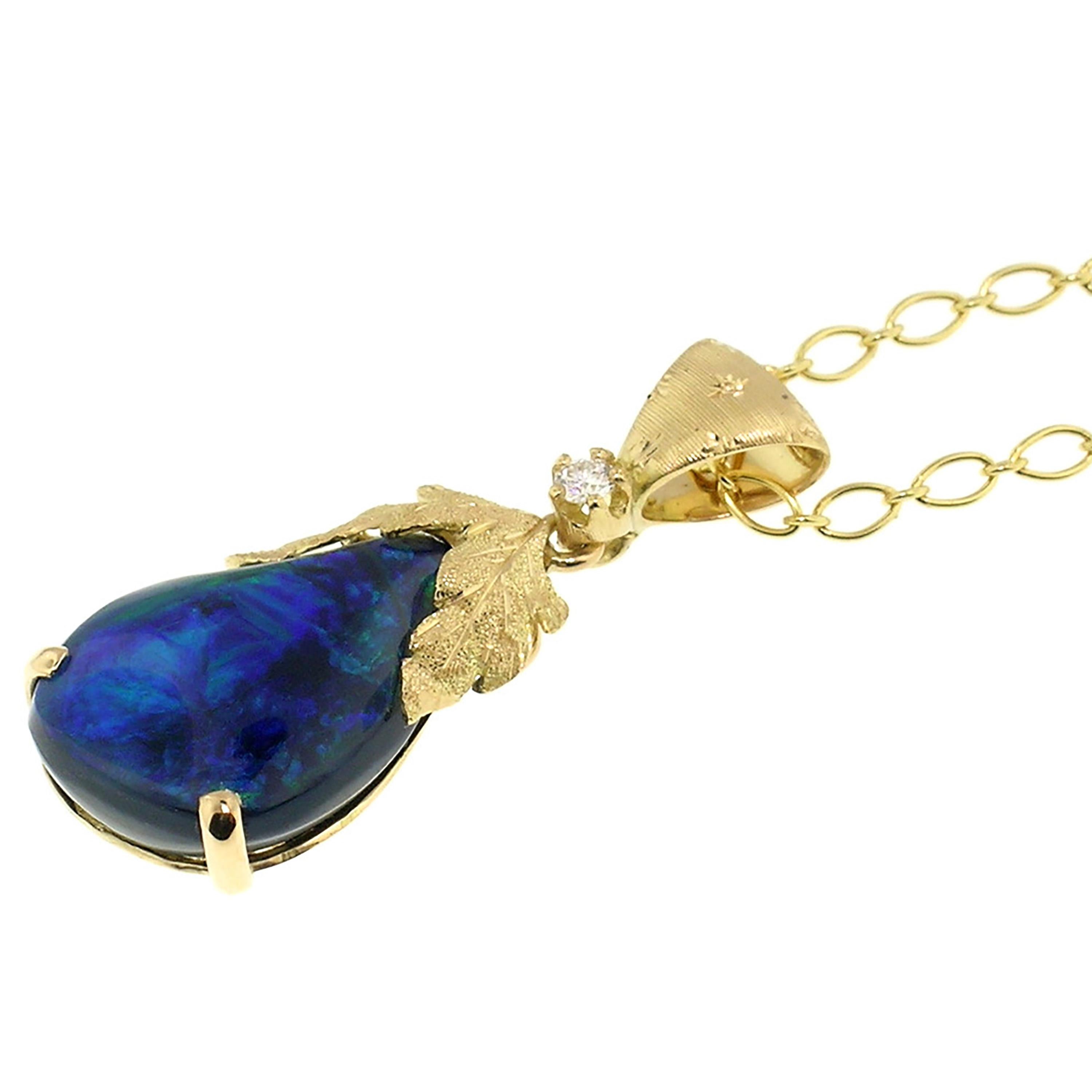 5.98 Carat Black Opal and 18 Karat Gold Hand-Engraved Necklace Handmade in Italy