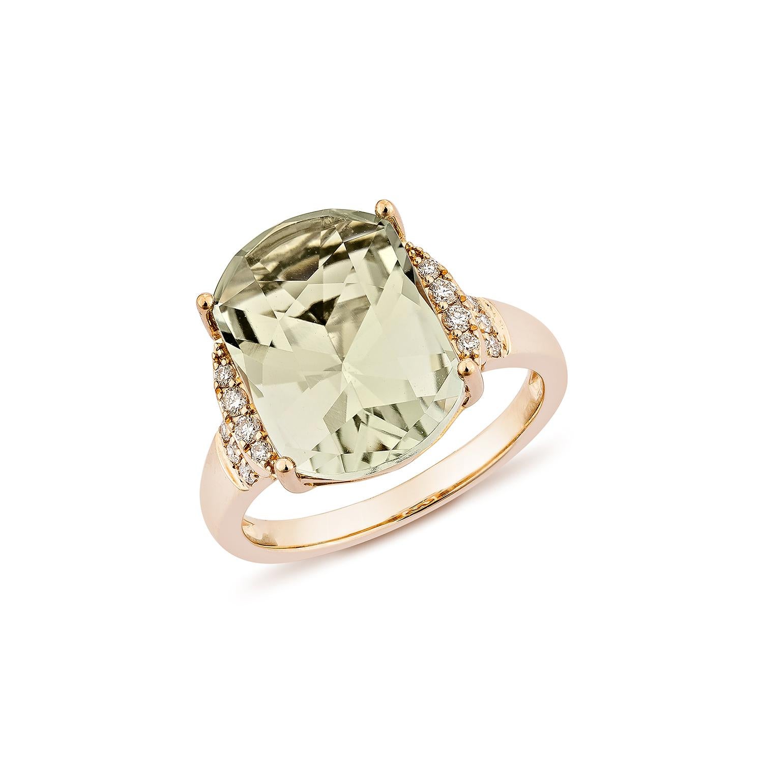 Contemporary 5.98 Carat Green Amethyst Fancy Ring in 18Karat Yellow Gold with Diamond. For Sale
