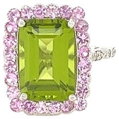 Anello in oro bianco 18 carati con peridoto da 5,98 carati, zaffiro rosa e diamanti